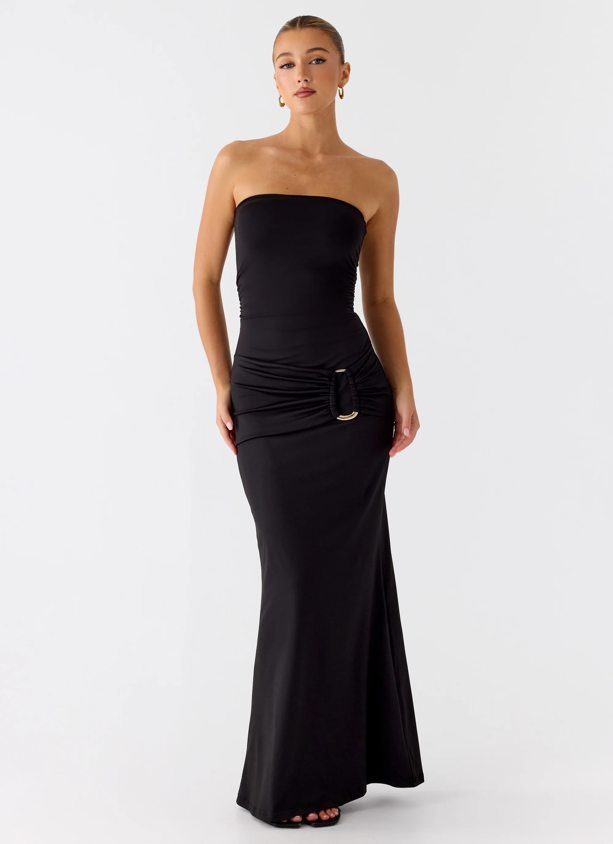 Metal Heart Strapless Maxi Dress - Black