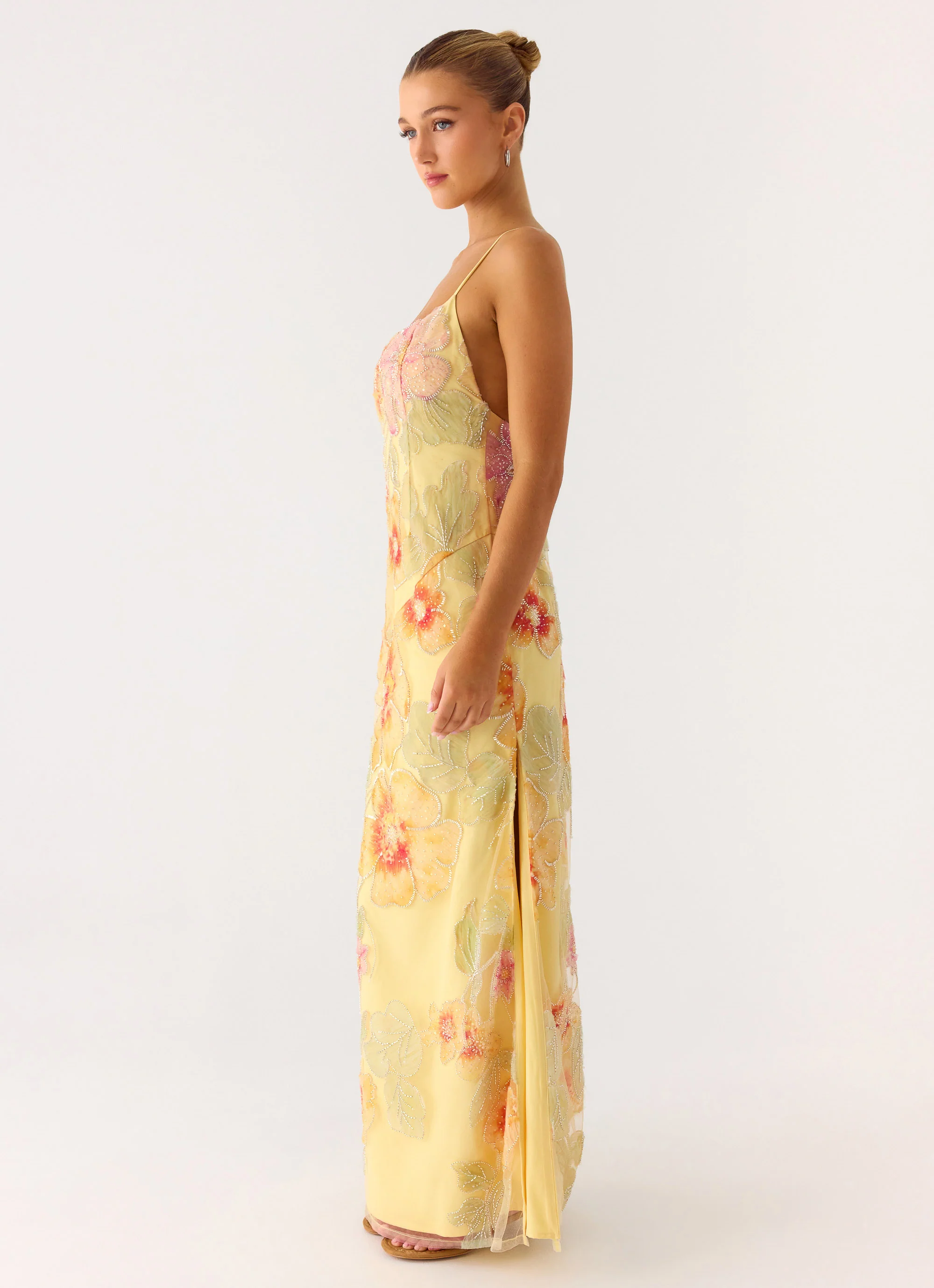 Morning Light Beaded Maxi Dress - Yellow Floral Beaded