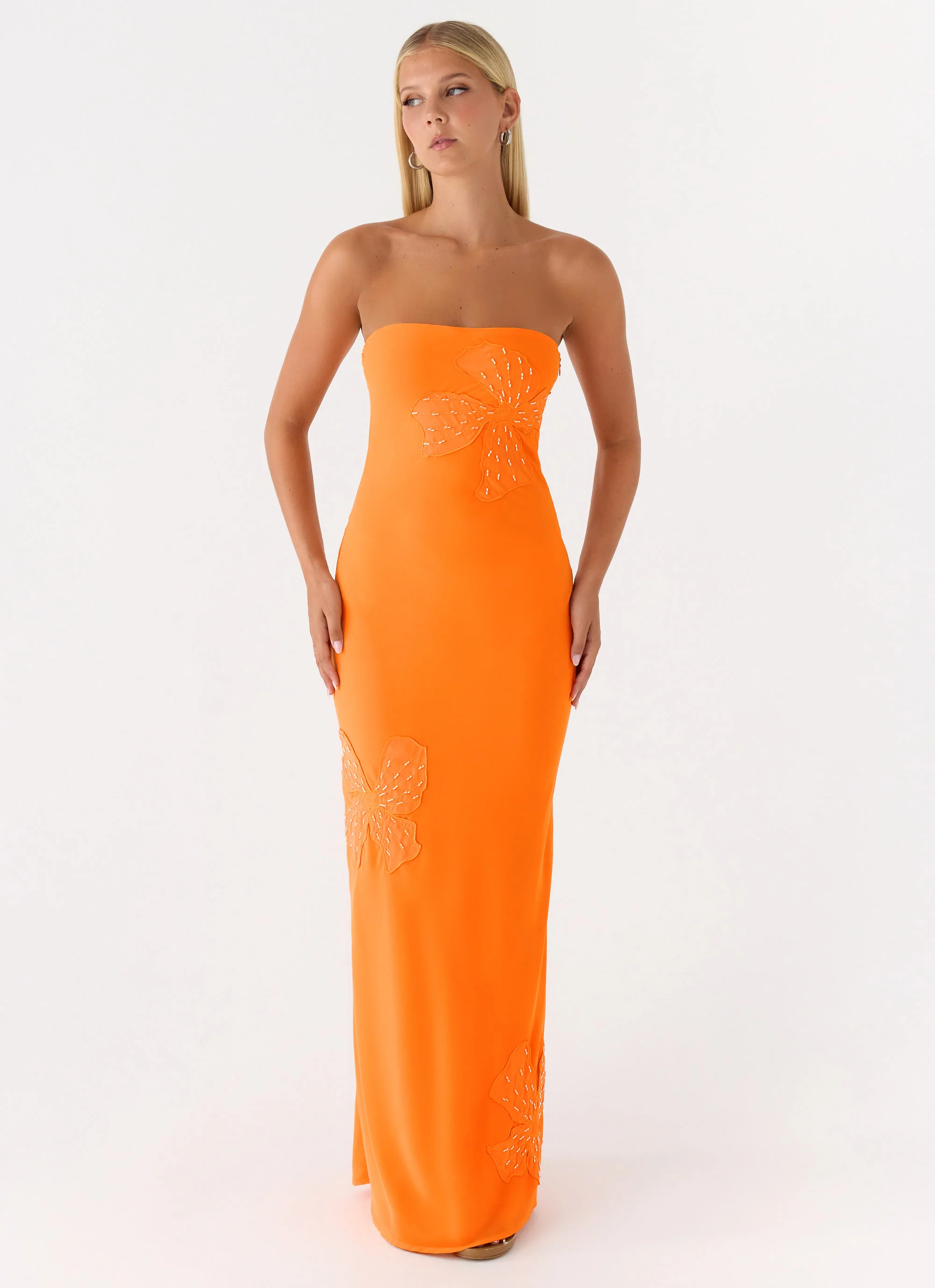 Sassafras Beaded Flower Strapless Maxi Dress - Orange