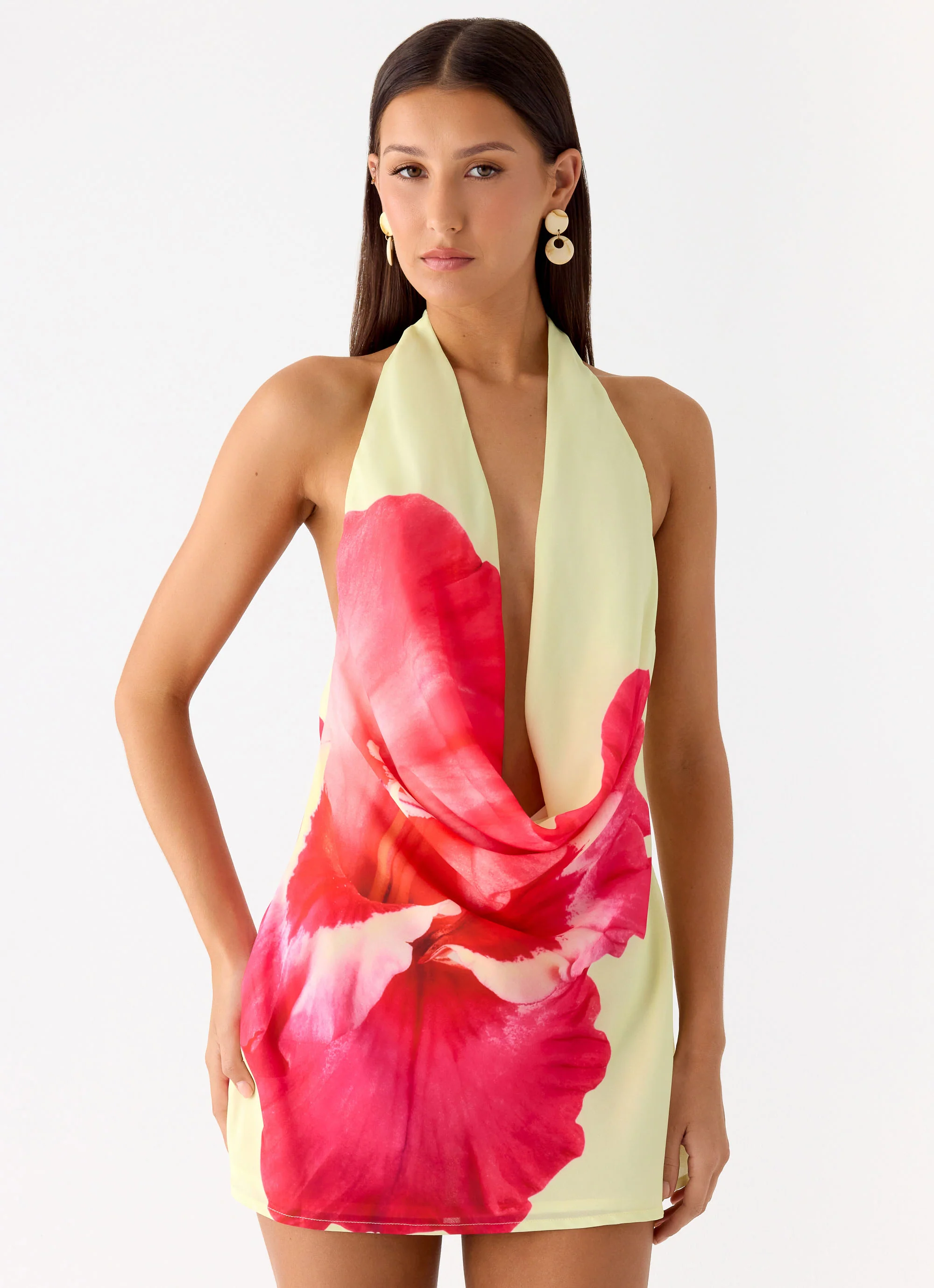 Varindra Cowl Mini Dress - Yellow Floral Spritz