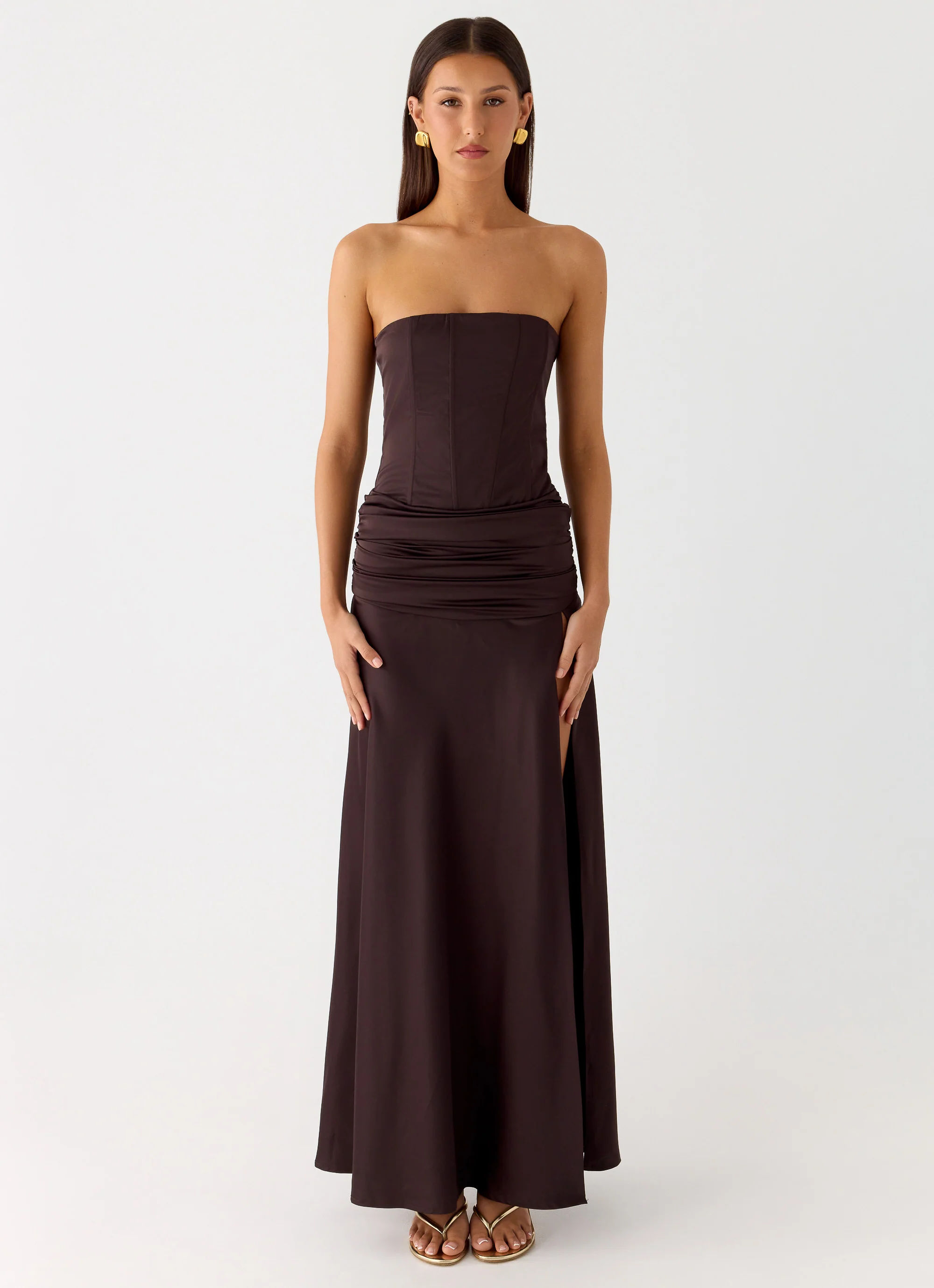Darana Corset Satin Maxi Dress - Chocolate