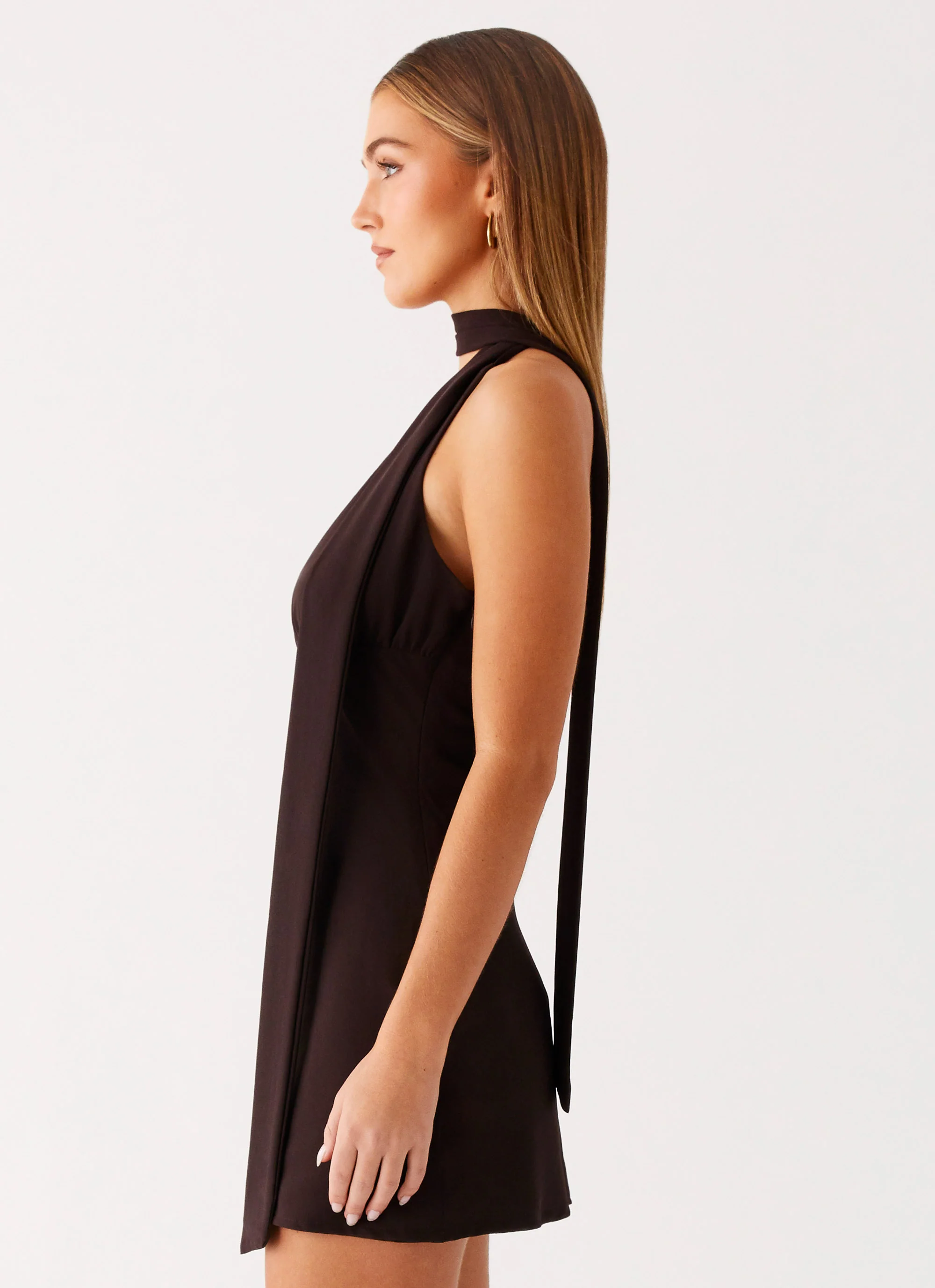 Melisande Scarf Neck Mini Dress - Cool Chocolate