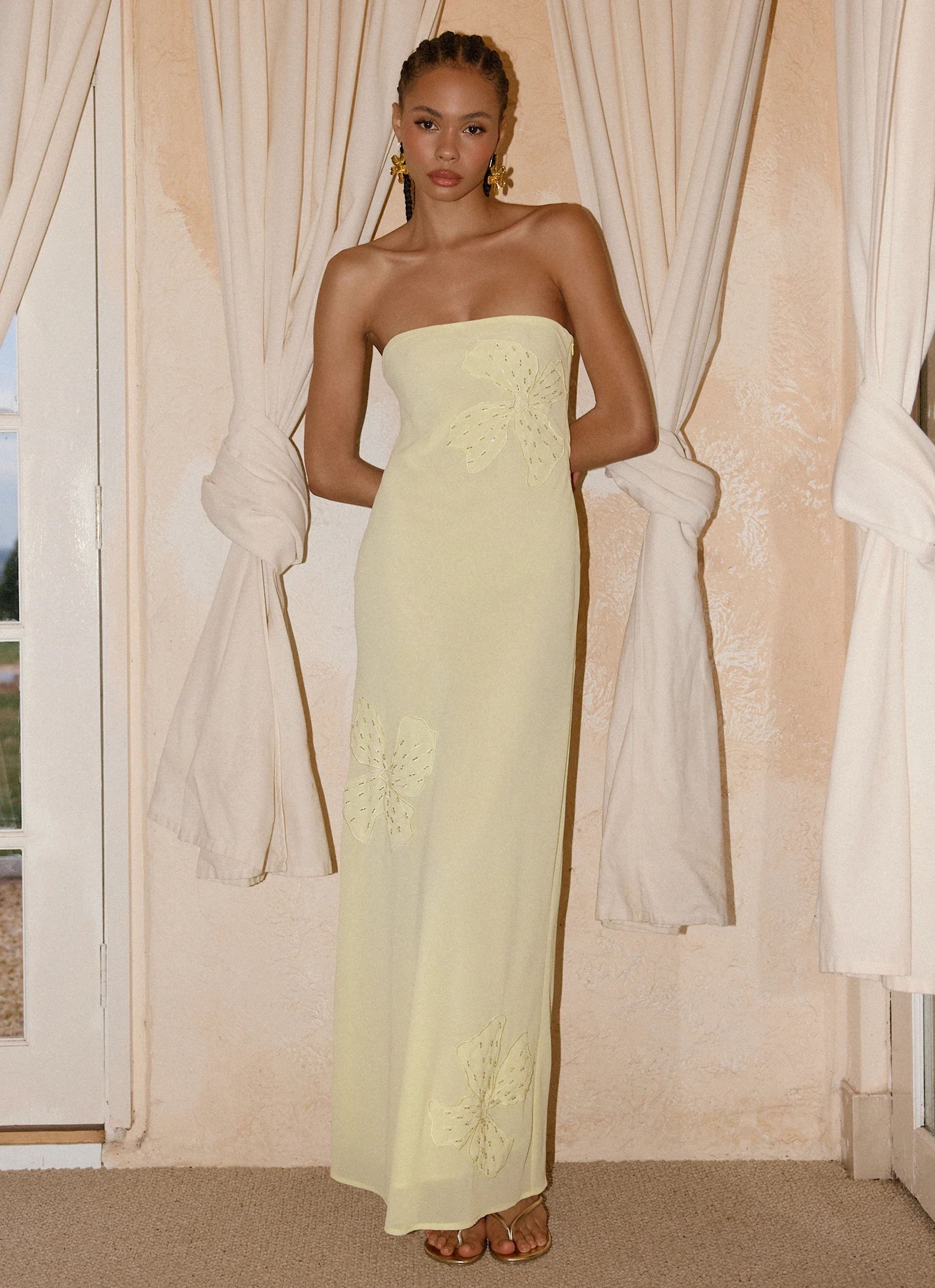 Sassafras Beaded Flower Strapless Maxi Dress - Yellow