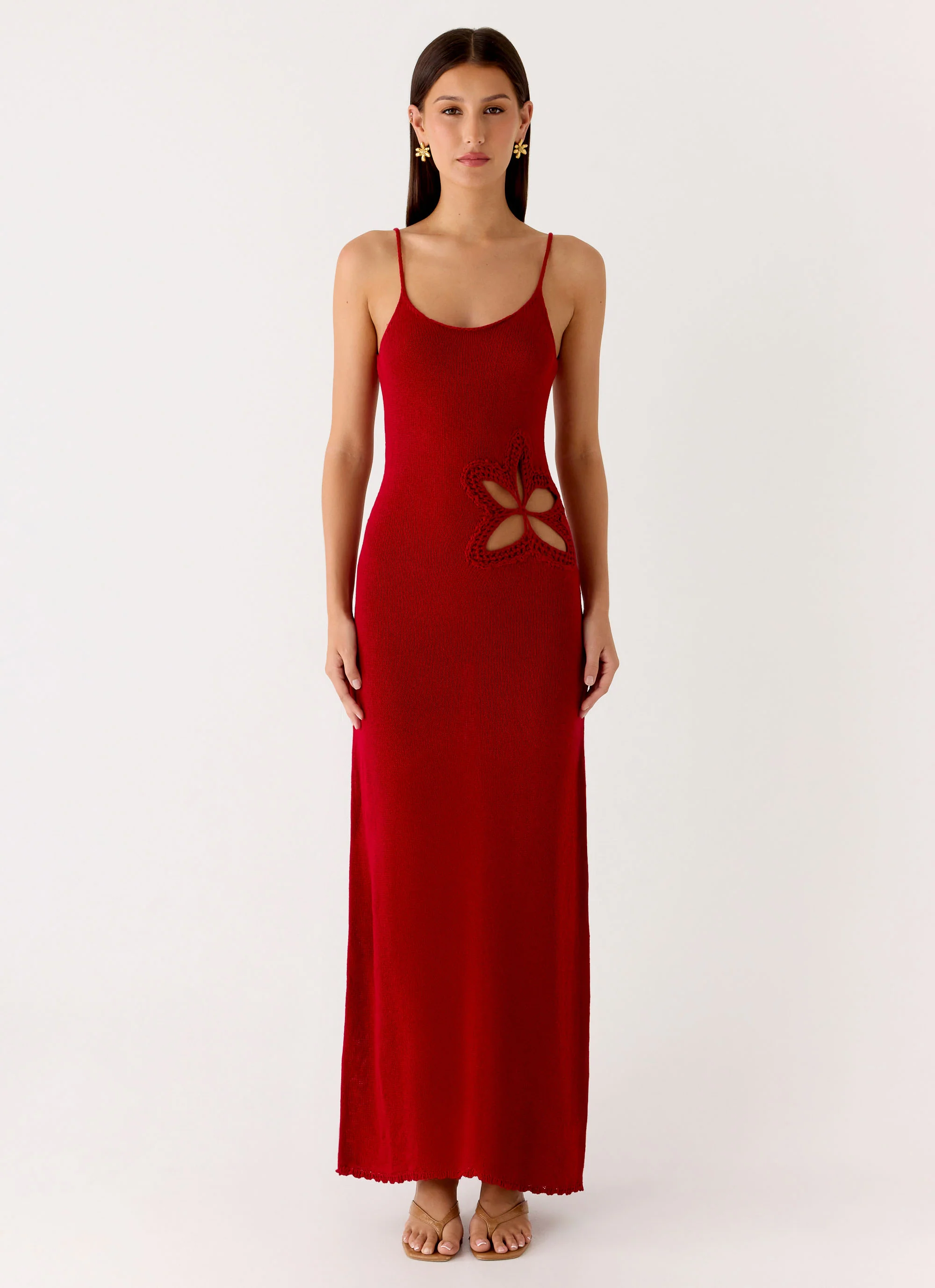 Palm Breeze Flower Crochet Maxi Dress - Burnt Red