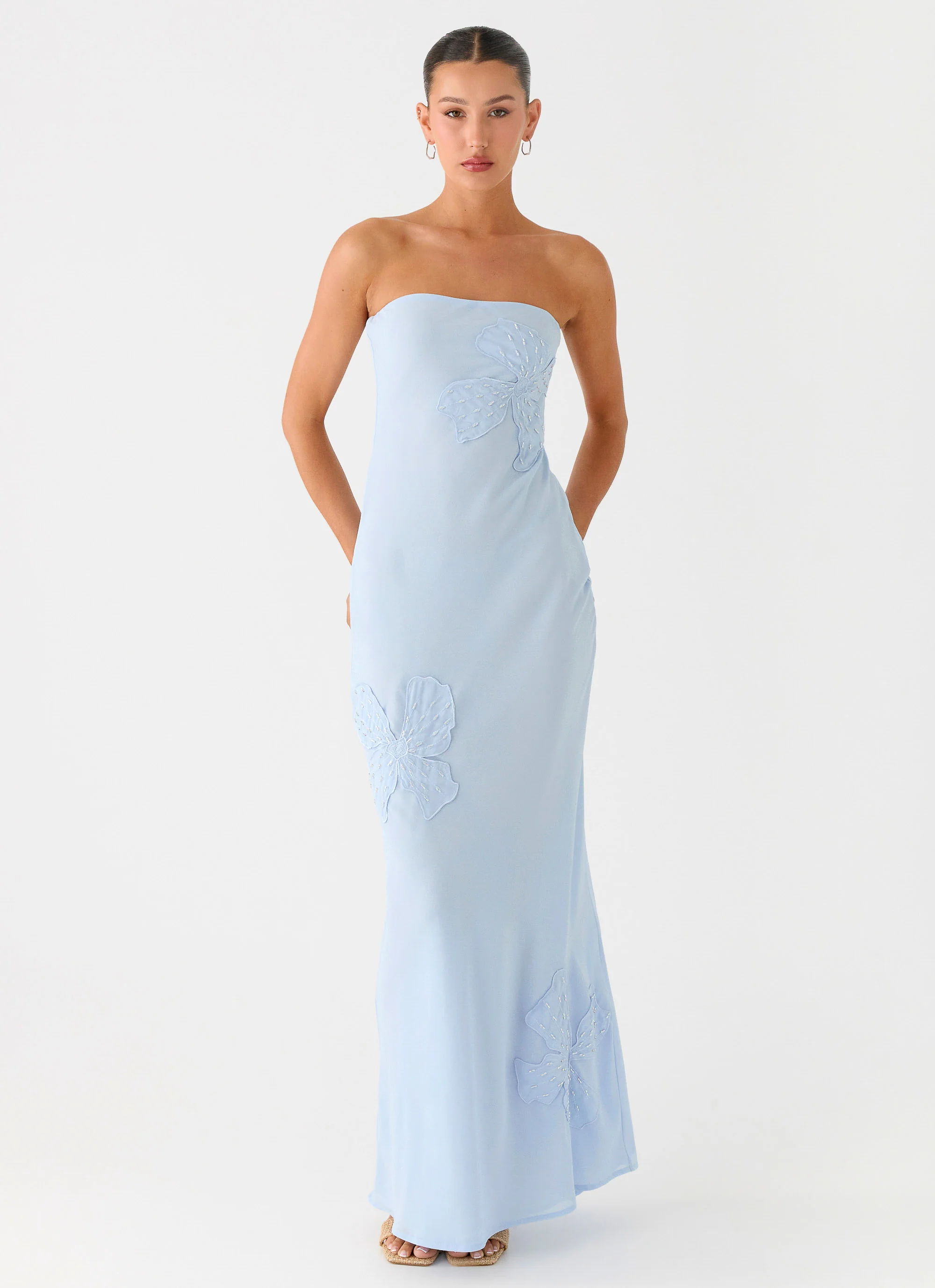 Sassafras Beaded Flower Strapless Maxi Dress - Blue