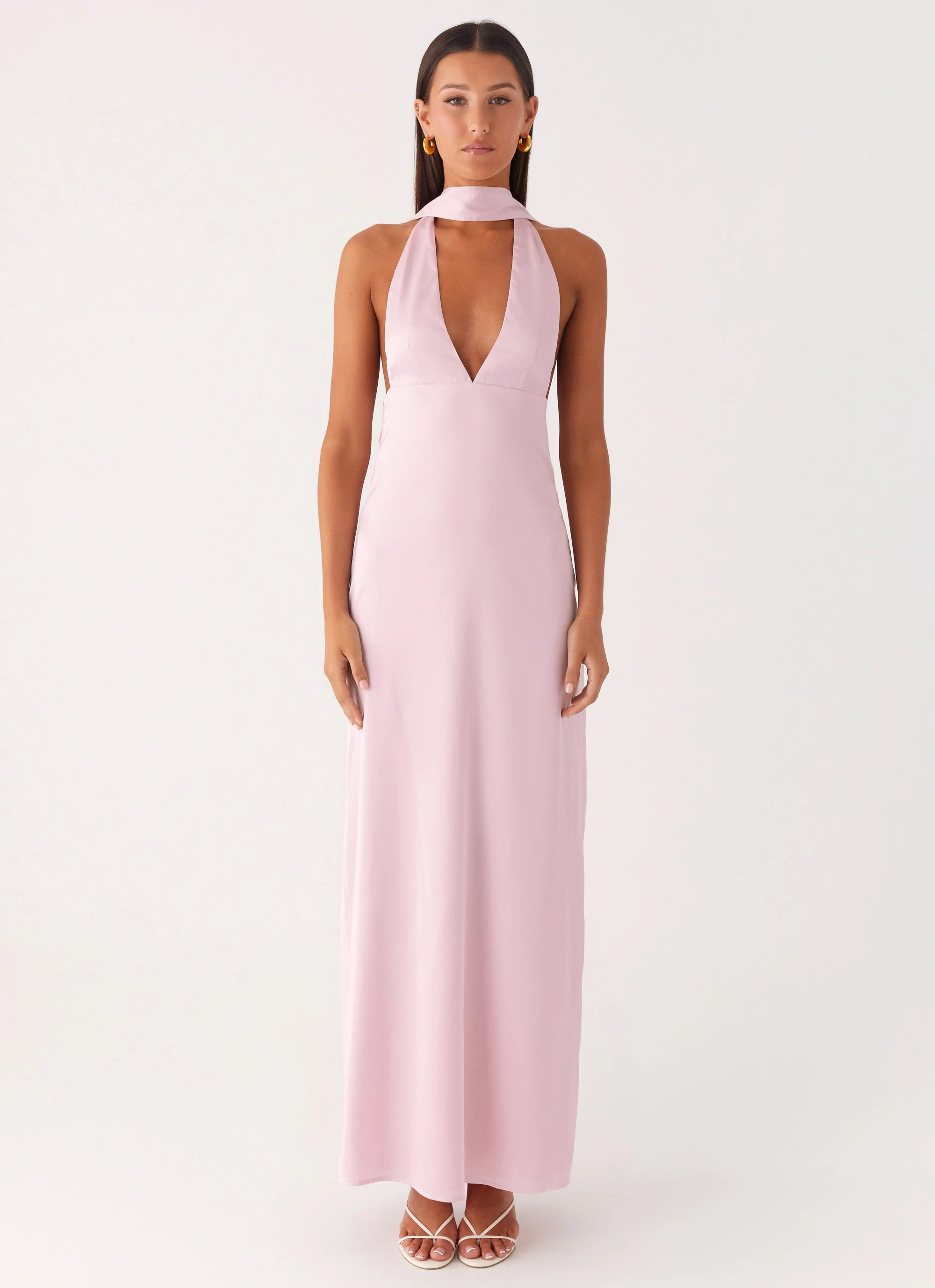 Alicia Satin Halter Maxi Dress - Baby Pink