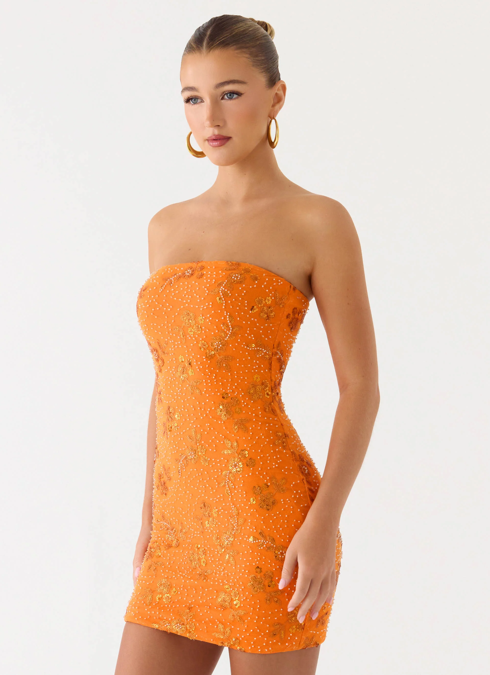 Push Back Beaded Sequin Mini Dress - Orange