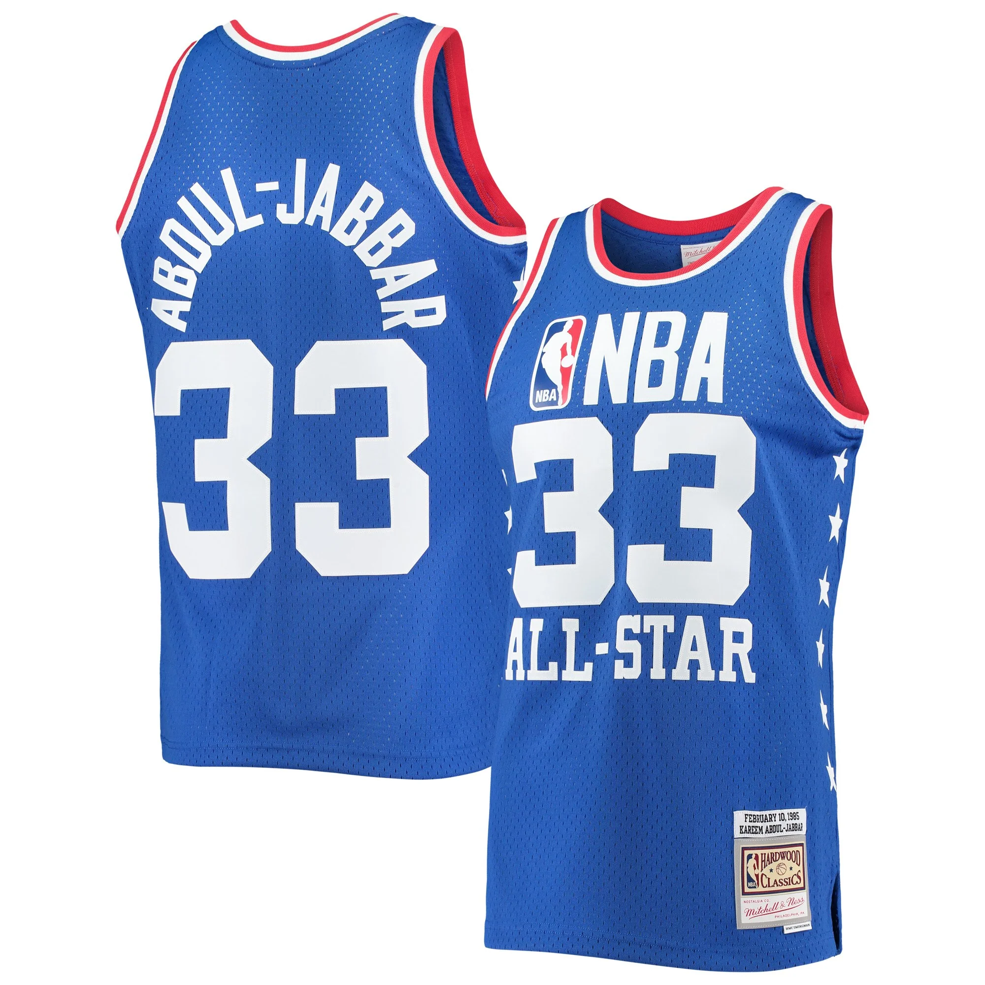 Men's Mitchell & Ness Kareem Abdul-Jabbar Royal Western Conference 1985 NBA All-Star Game Swingman Jersey