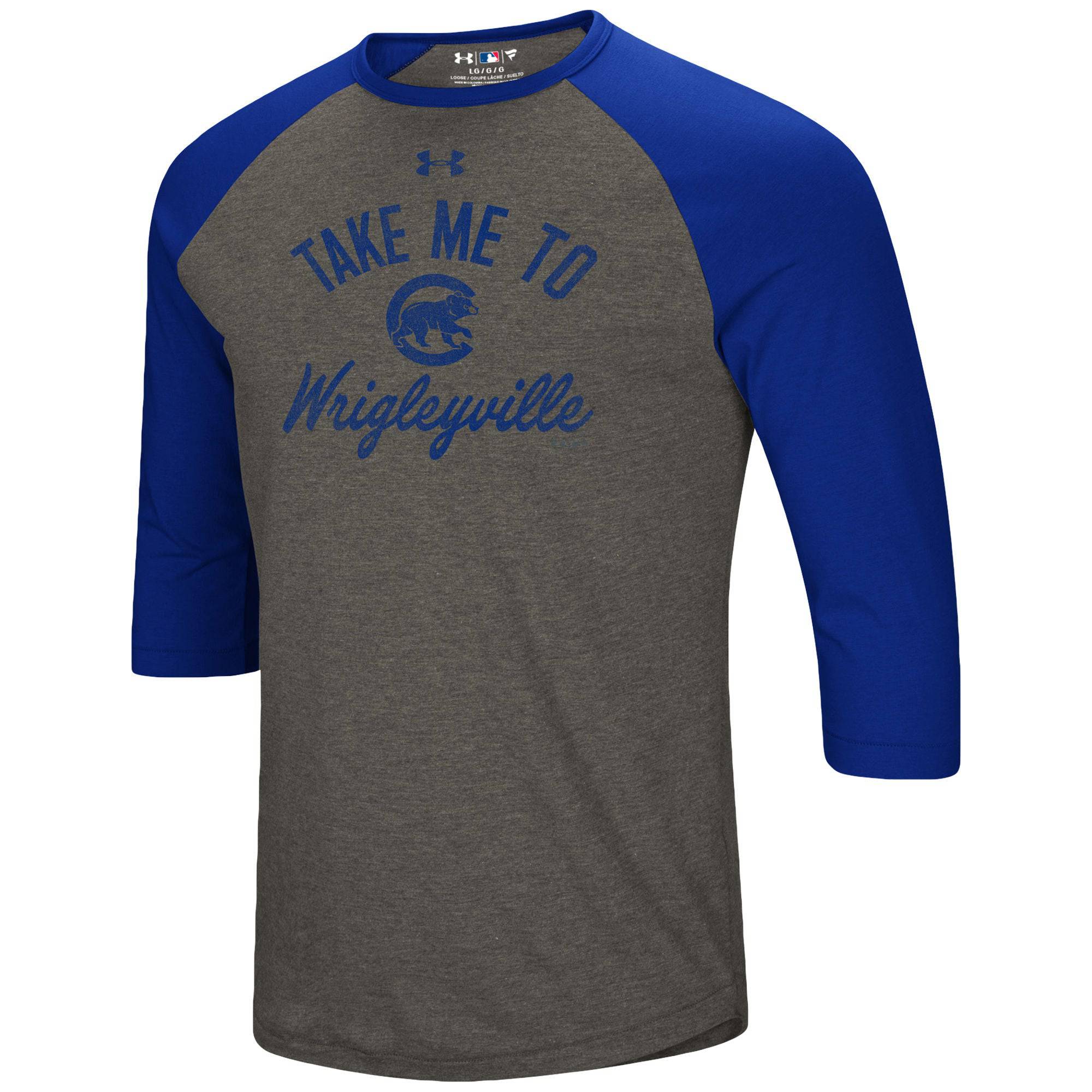 Men's Chicago Cubs Under Armour Heathered Gray/Royal Heritage Tri-Blend Raglan 3/4- Sleeve T-Shirt