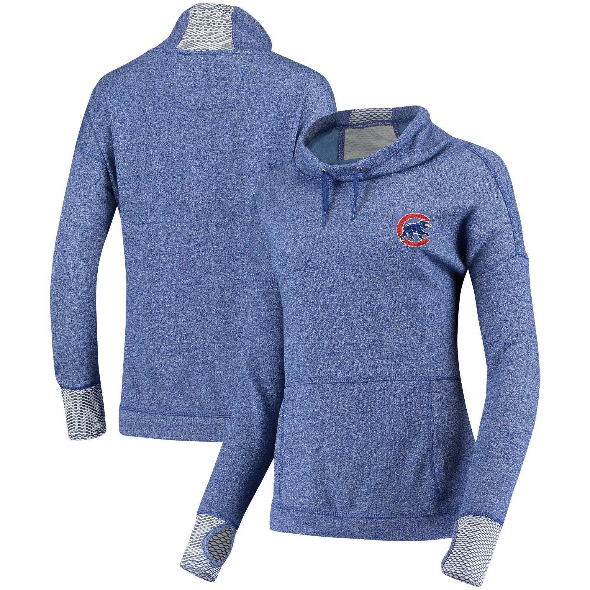 Chicago Cubs Antigua Women's Snap Cowl Neck Pullover Sweatshirt - Heathered Royal