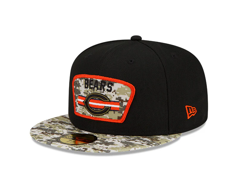 Men's Chicago Bears C Logo New Era Black/Camo 2021 NFL Sideline Salute To Service 59FIFTY Fitted Hat