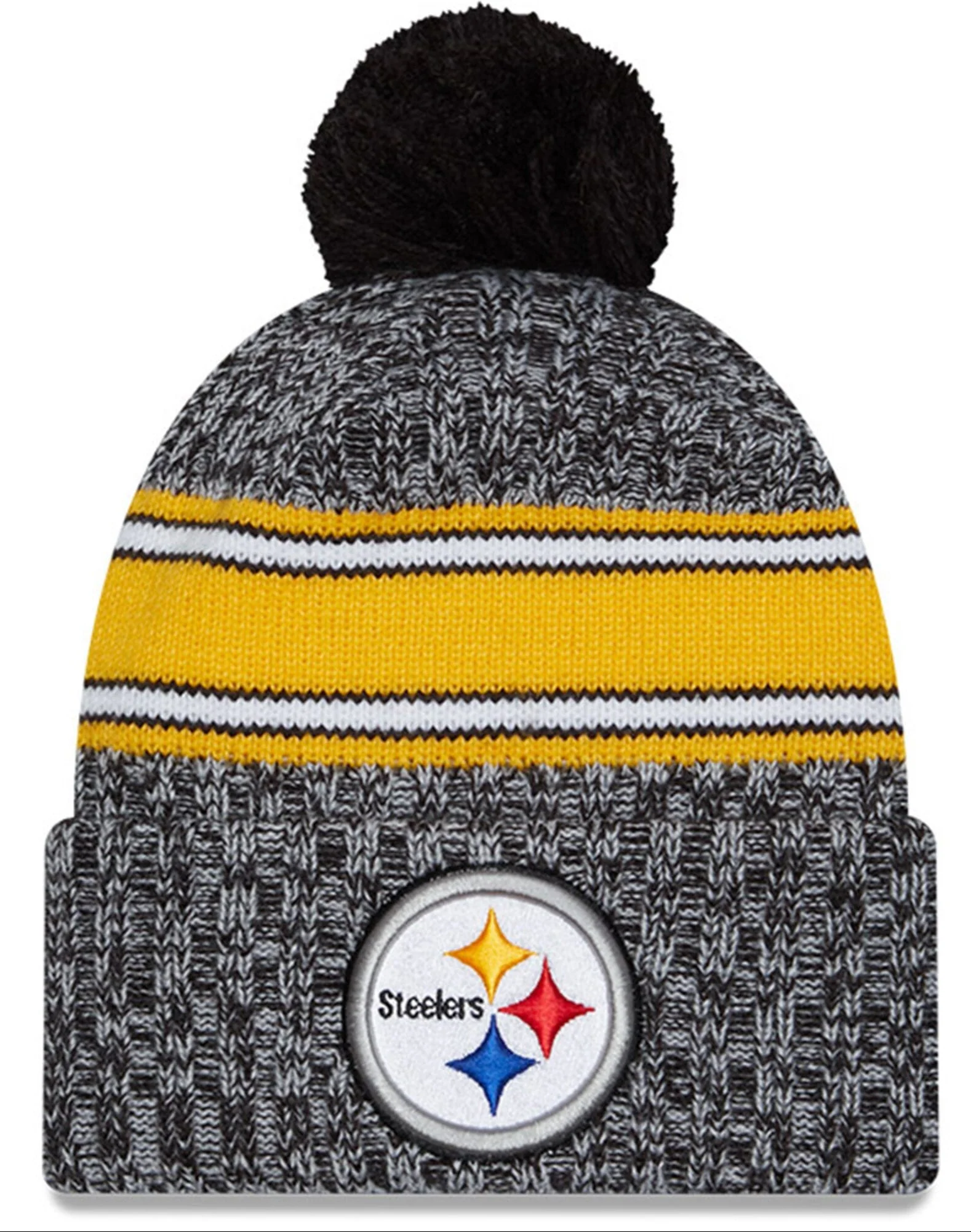 Men's Pittsburgh Steelers New Era Black 2023 Sideline Cuffed Knit Hat With Pom