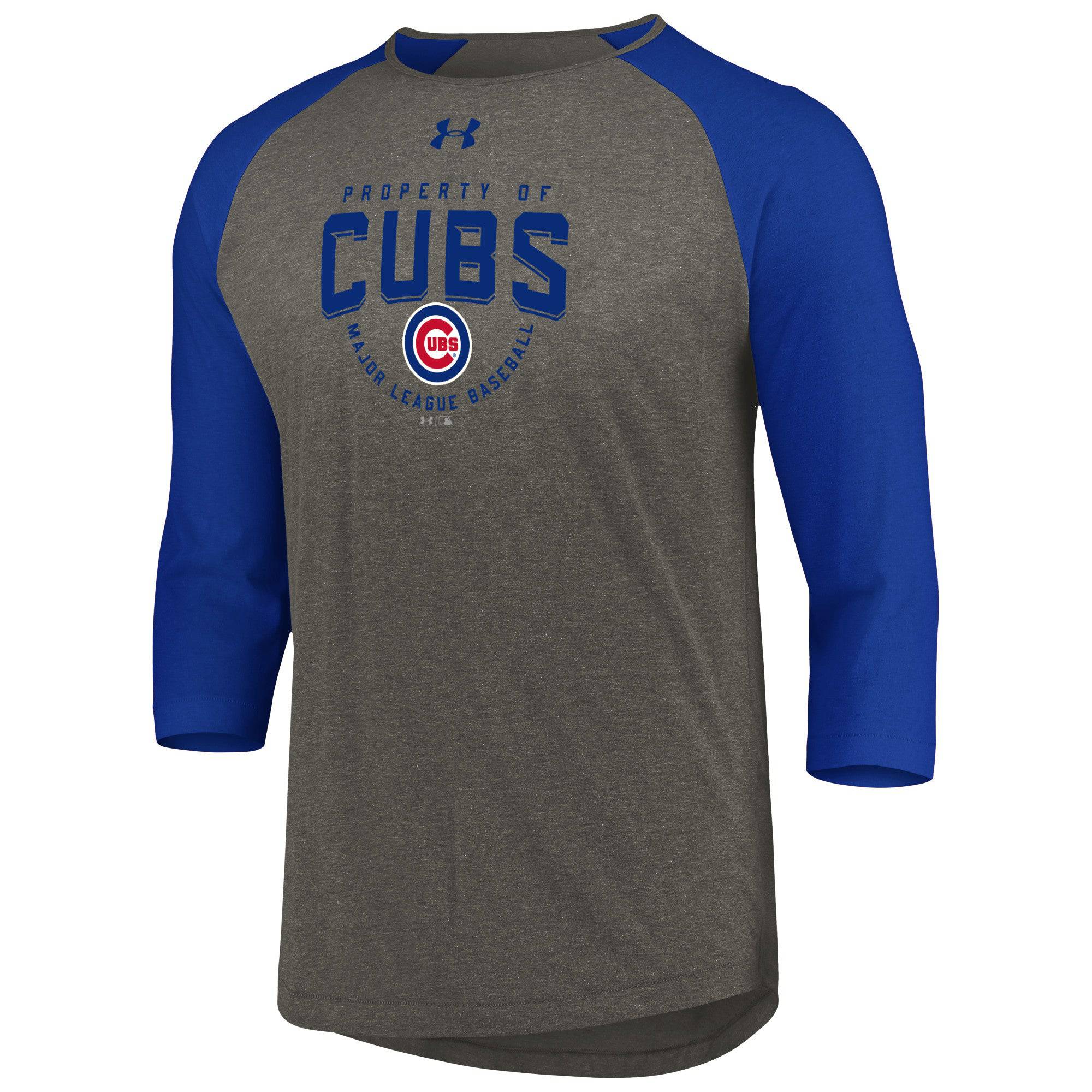 Men's Chicago Cubs Under Armour Heathered Gray/Blue Tri-Blend Property Of 3/4-Sleeve Performance T-Shirt