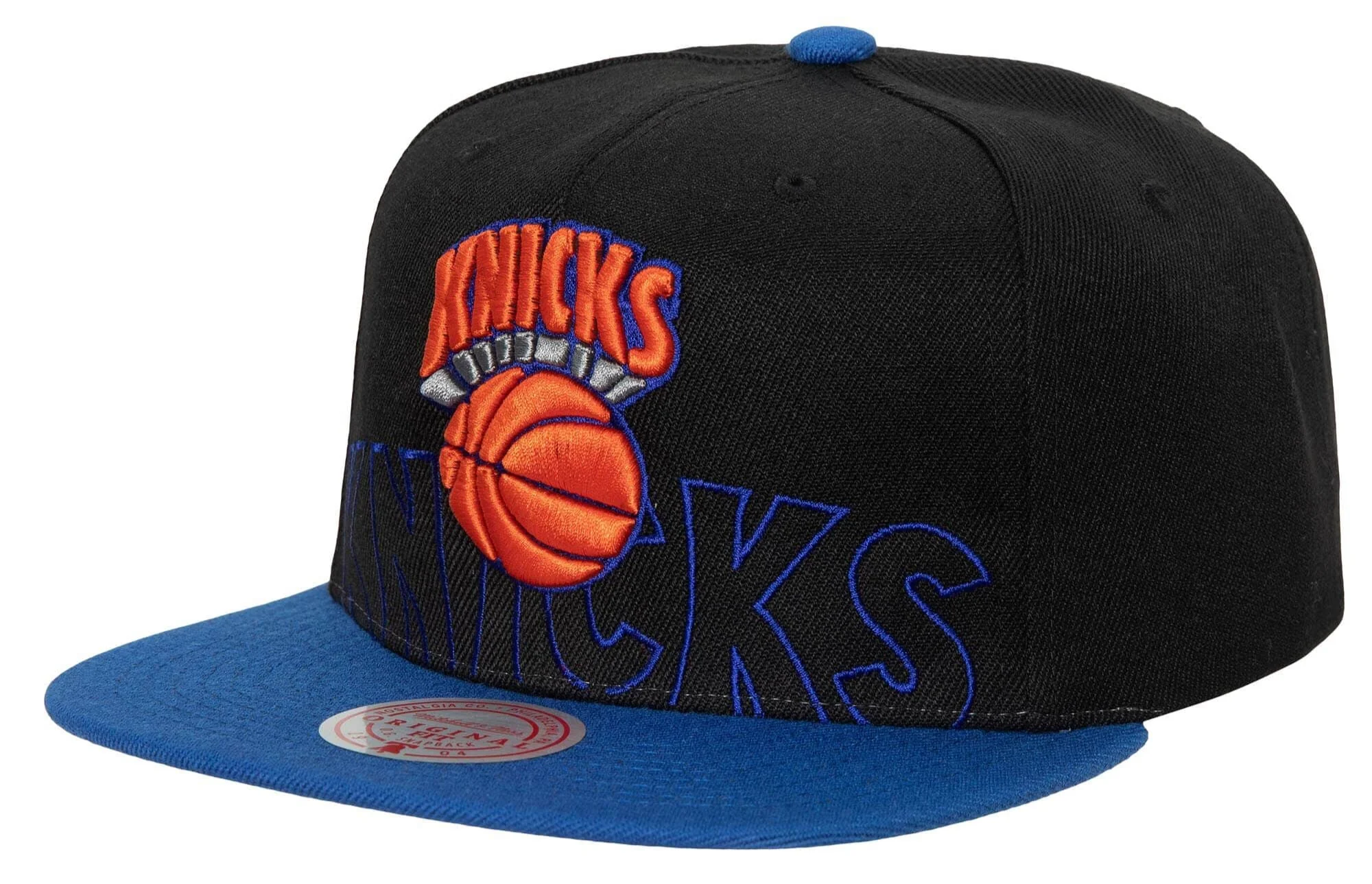 Men's New York Knicks Mitchell & Ness 2 Tone Black and Royal Low Big Face Hardwood Classics Snapback Hat