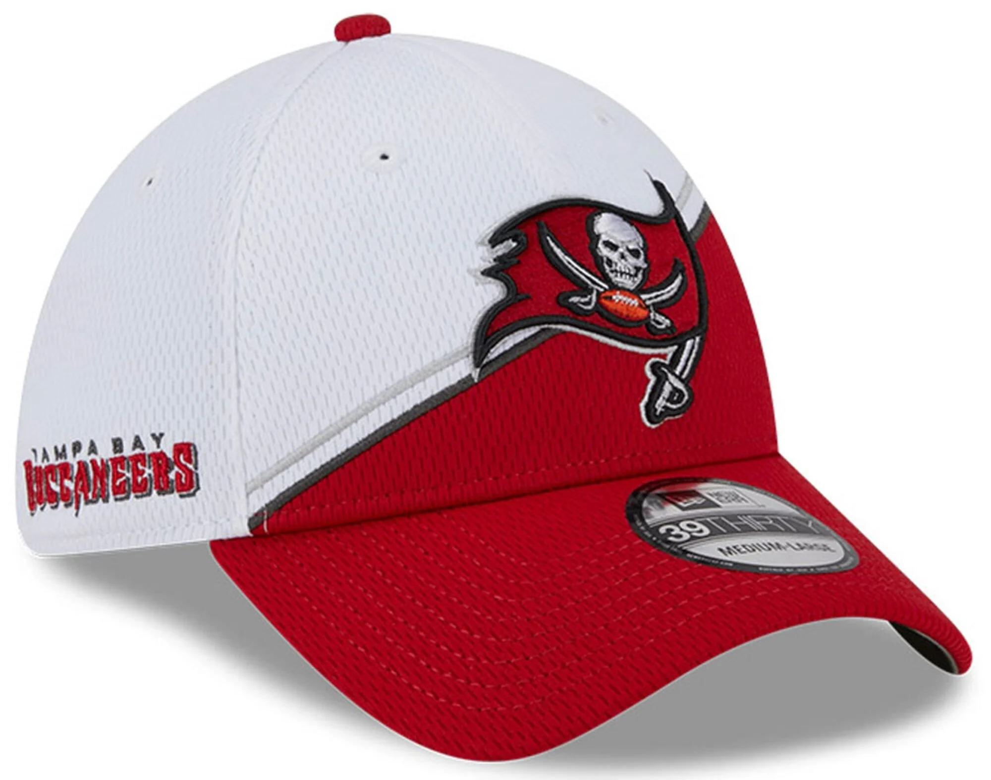 Men's Tampa Bay Buccaneers Primary Logo New Era White/Red 2023 Sideline 39THIRTY Flex Hat