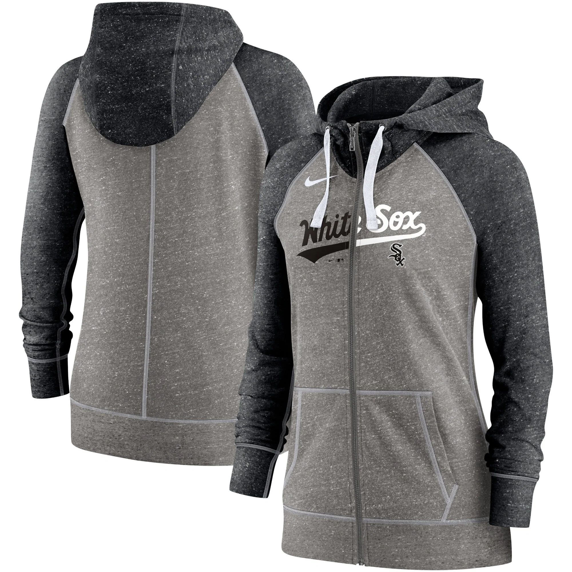 Women's Chicago White Sox Nike Heathered Charcoal/Heathered Black Split Wordmark Gym Vintage Raglan Slub Full-Zip Hoodie