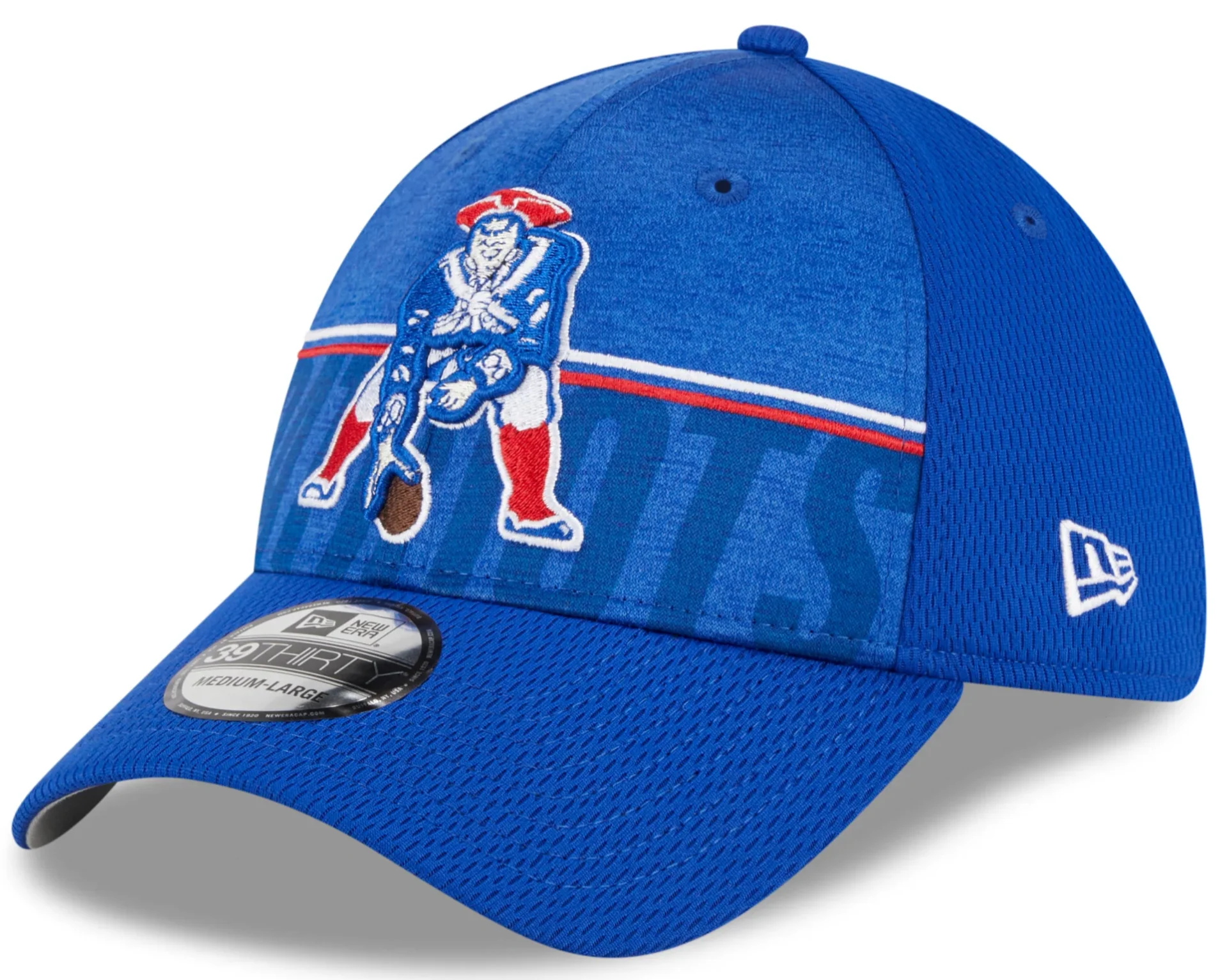 Men's New England Patriots New Era NFL 2023 Training Camp Royal Throwback Logo 39THIRTY Flex Fit Hat