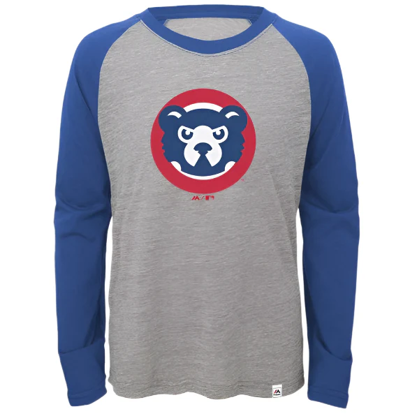 Youth Chicago Cubs Majestic Gray Two to One Margin Long Sleeve Raglan T-Shirt
