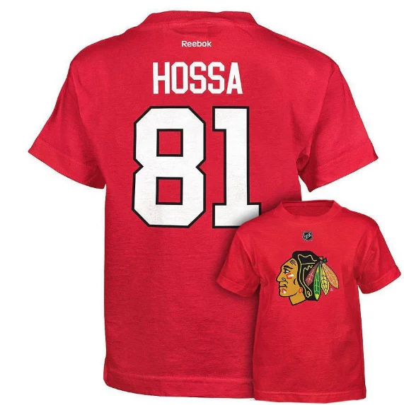 Men's Chicago Blackhawks Marian Hossa Red Reebok 2015 Stanley Cup Champions Name & Number T-Shirt