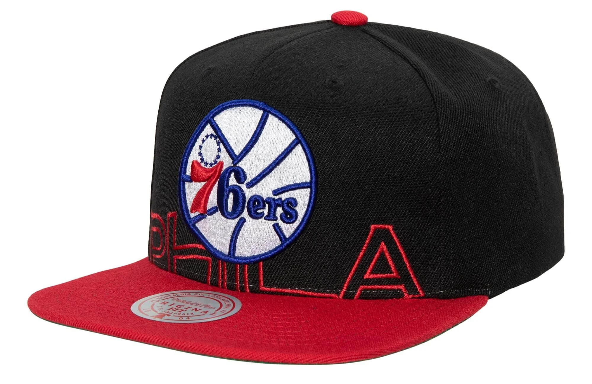 Men's Philadelphia 76ers Mitchell & Ness 2 Tone Black and Red Low Big Face Hardwood Classics Snapback Hat