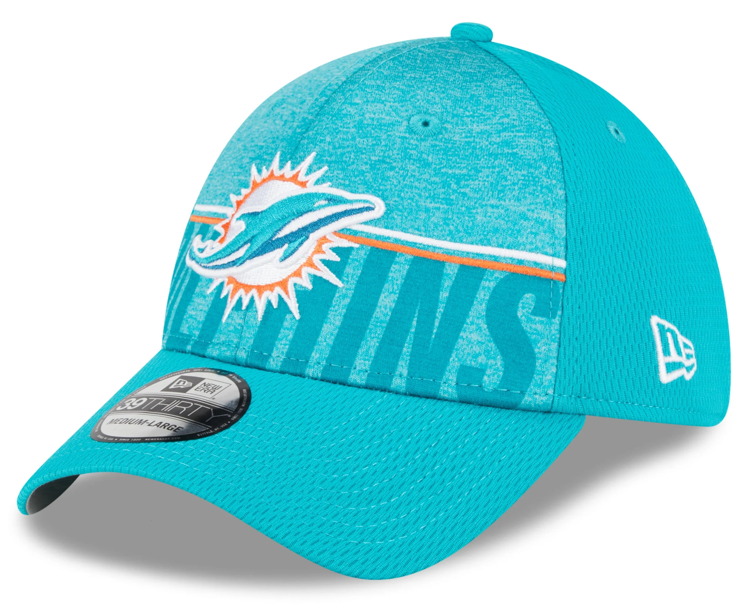Men's Miami Dolphins New Era NFL 2023 Training Camp Aqua Primary Logo 39THIRTY Flex Fit Hat