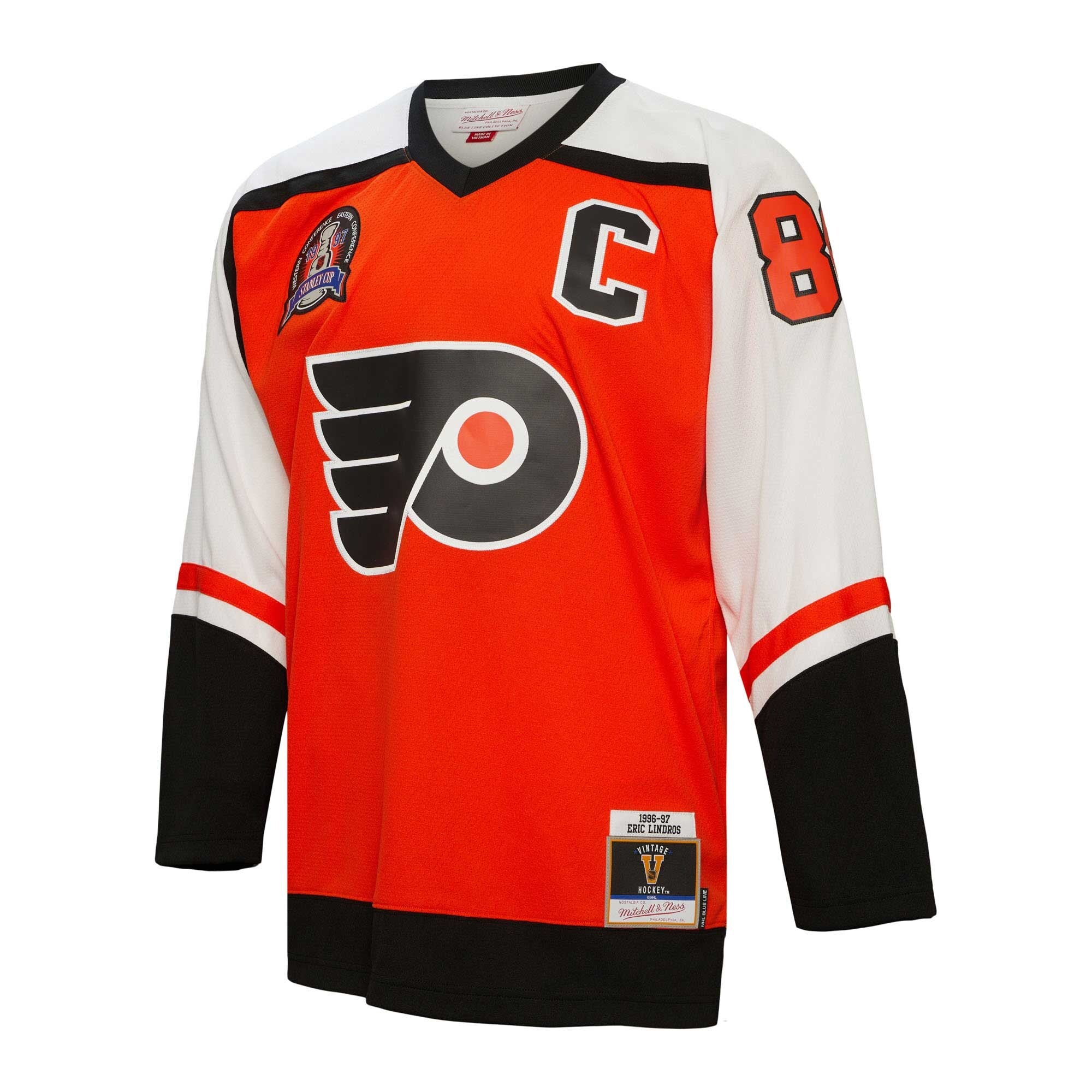 Men's Philadelphia Flyers Eric Lindros Mitchell & Ness Orange 1996/97 Captain Patch Blue Line Player Jersey