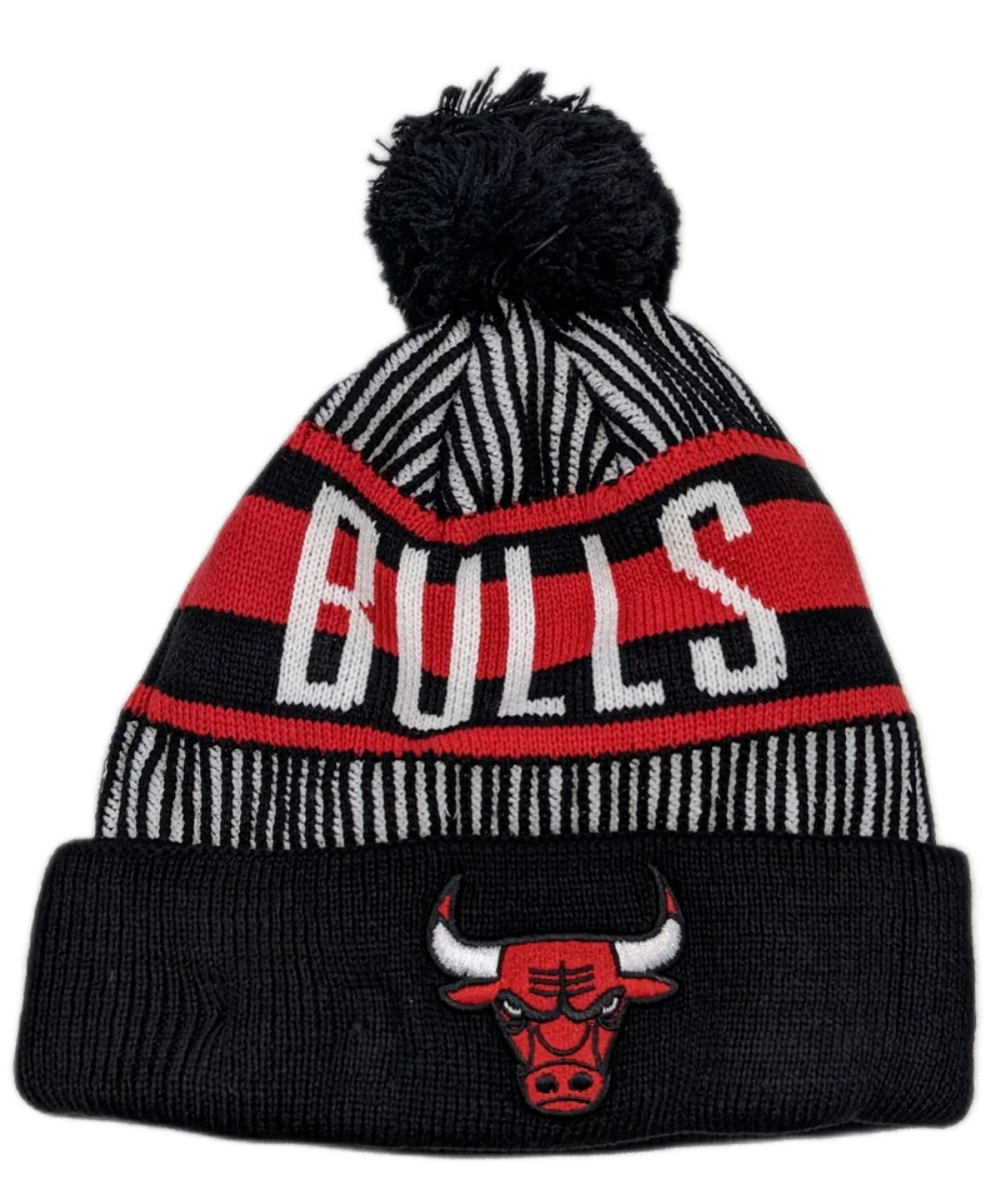 Child Chicago Bulls NBA New Era Black Junior Knitstripe Cuffed Pom Knit Hat