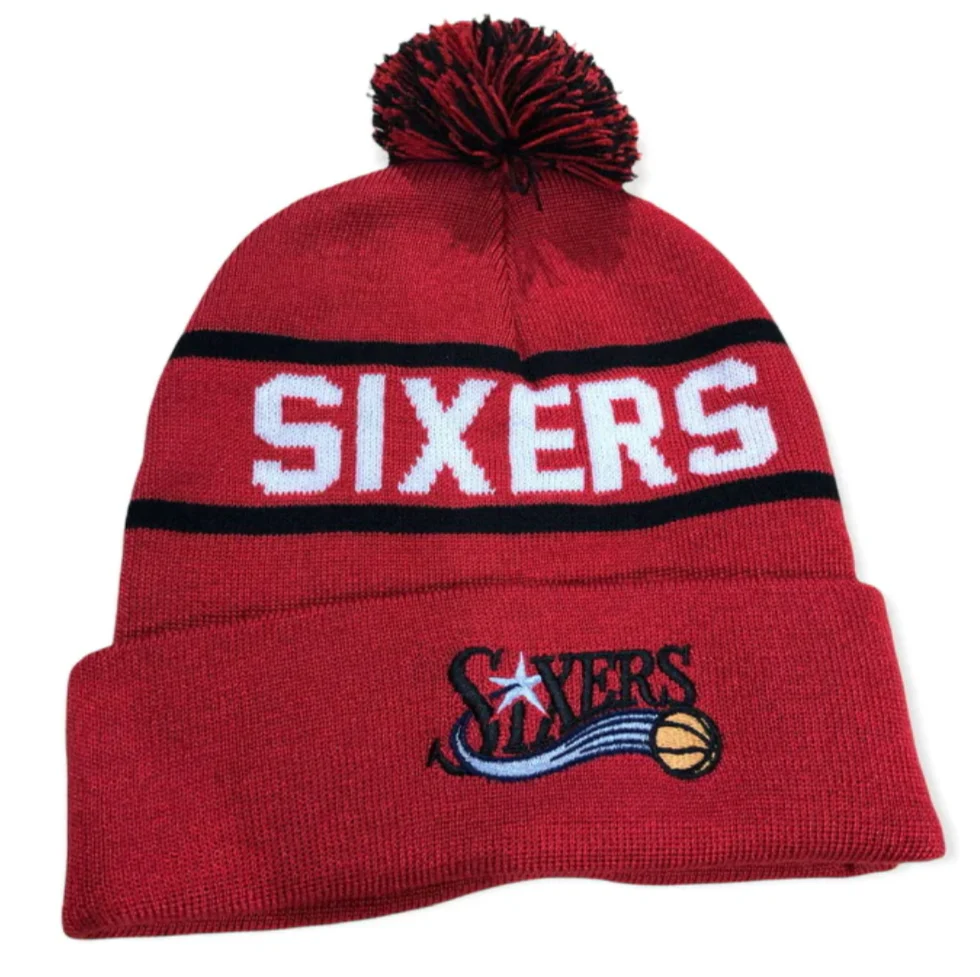 Philadelphia 76ers Mitchell & Ness NBA Reload 2.0 Red Cuffed Pom Knit Hat