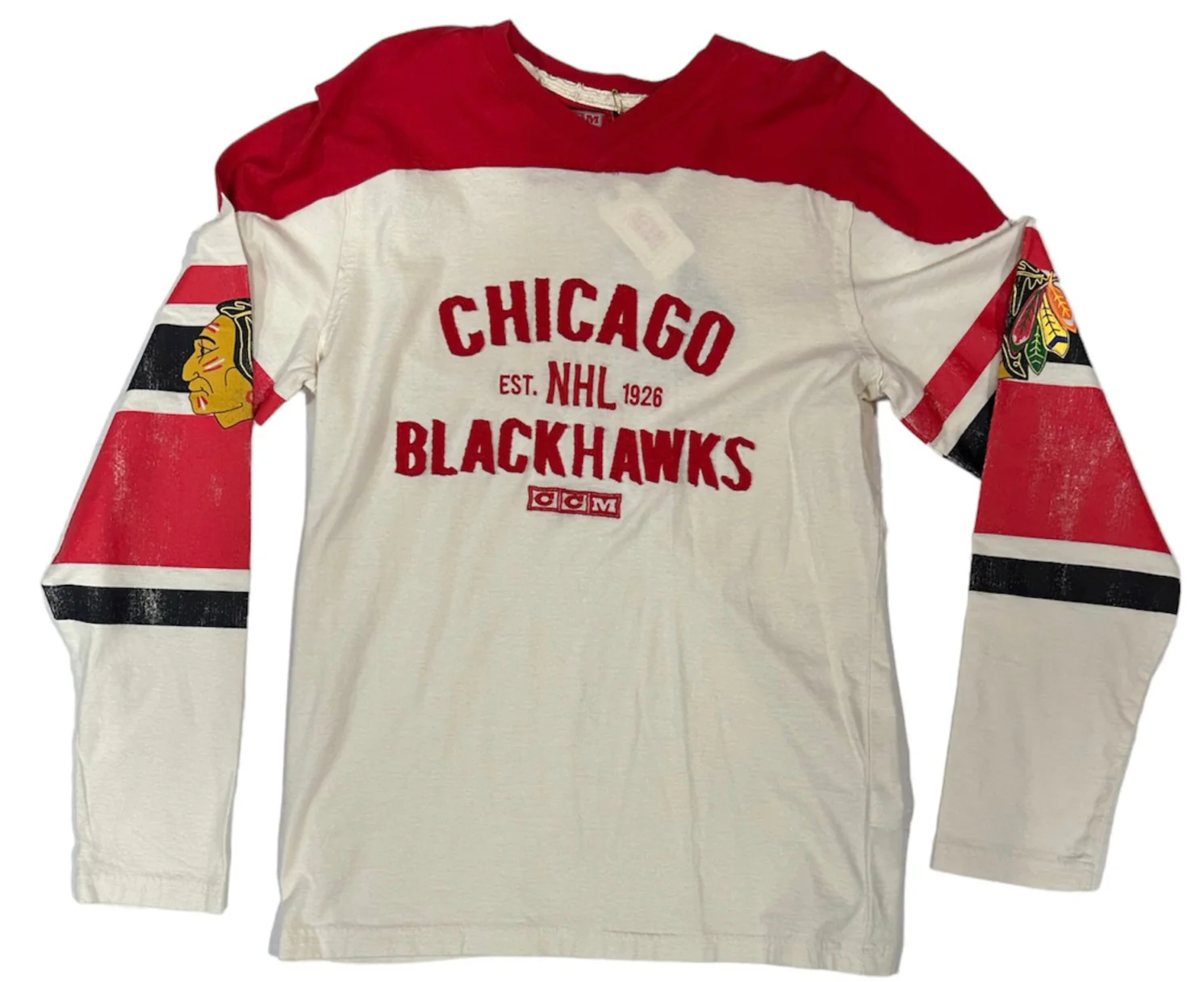 Men's Chicago Blackhawks Long Sleeve Applique Crew White With Red