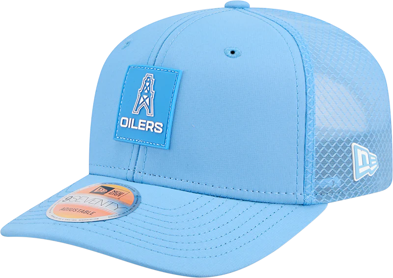 Men's Houston Oilers New Era Blue 2025 Sideline 9SEVENTY Trucker Adjustable Hat