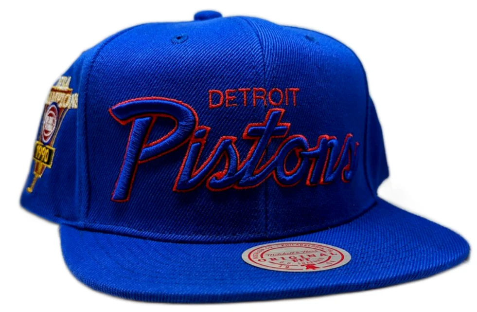 Men's Detroit Pistons Hardwood Classics Mitchell & Ness Script Champ Year Trophy Royal Snapback Hat