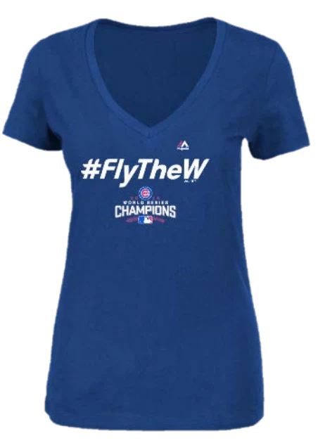 Women's Chicago Cubs 2016 World Series Champions Fly The W Hashtag V-Neck Tee By Majestic