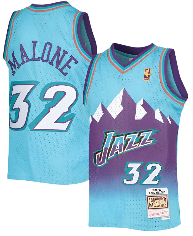 Men's Karl Malone Utah Jazz Mitchell & Ness 1996-97 Hardwood Classics Reload Jersey – Light Blue