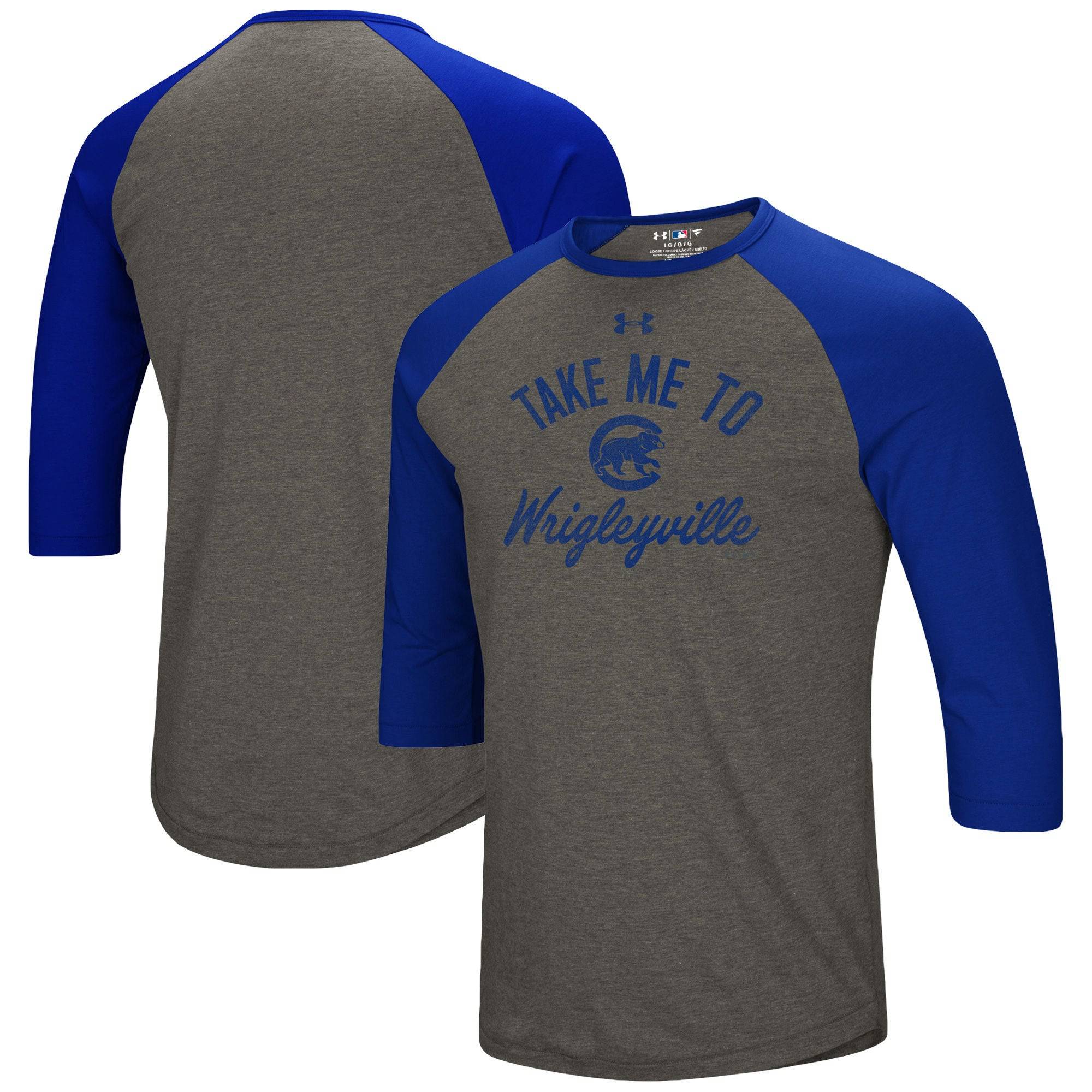 Men's Chicago Cubs Under Armour Heathered Gray/Royal Heritage Tri-Blend Raglan 3/4- Sleeve T-Shirt