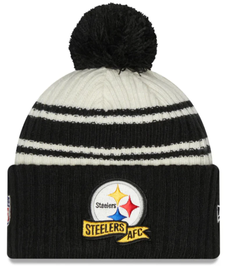 Pittsburgh Steelers New Era Black 2022 NFL Sideline Sport Pom Cuffed Knit Hat
