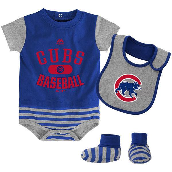 Chicago Cubs Majestic Newborn & Infant Baseball Property Bodysuit, Bootie & Bib Set - Royal/Gray