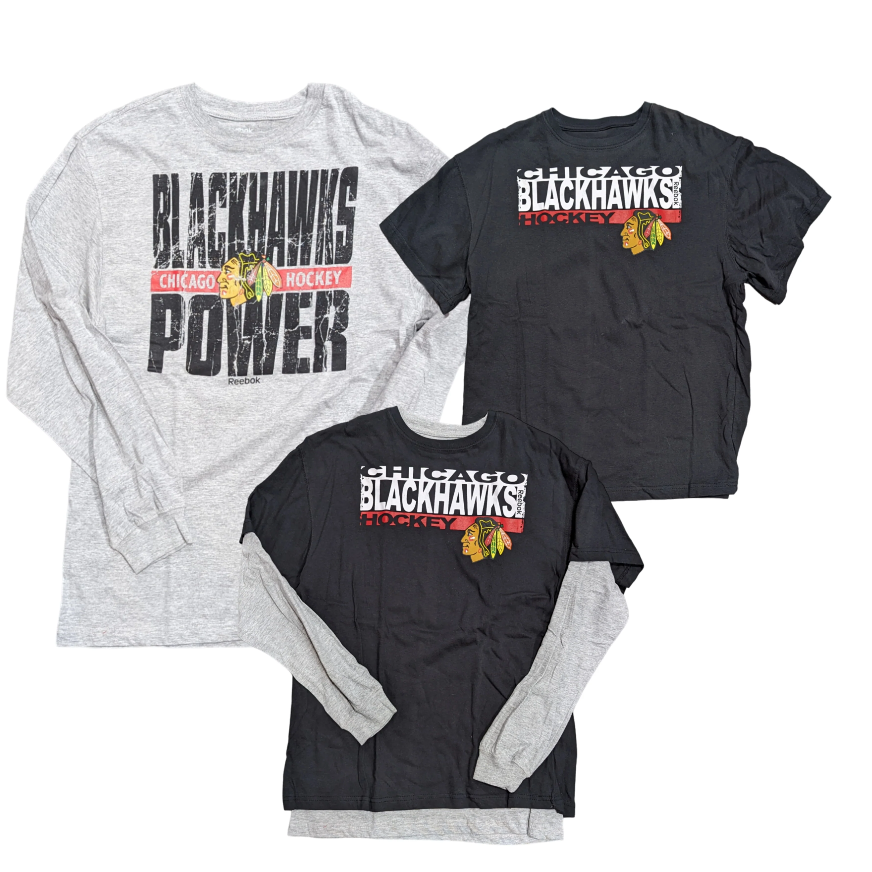 NHL Chicago Blackhawks Youth Reebok Black/Gray 2 In One Long Sleeve/Short Sleeve Combo T-Shirt