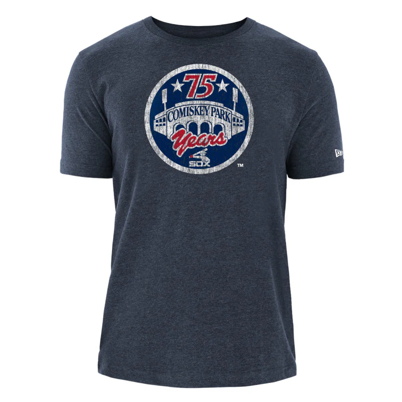 Men's Chicago White Sox Heather Navy Cooperstown Collection Comiskey Park 75th Anniversary Distressed Logo New Era Tee