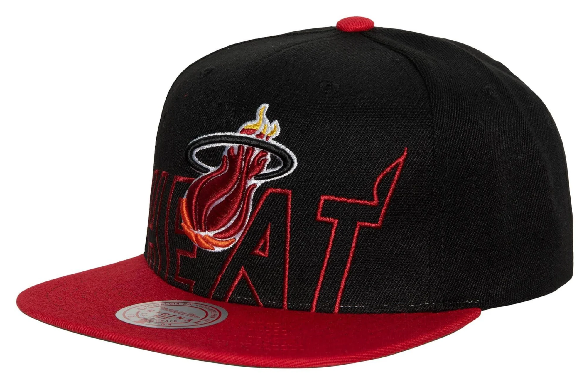Men's Miami Heat Mitchell & Ness 2 Tone Black and Red Low Big Face Hardwood Classics Snapback Hat