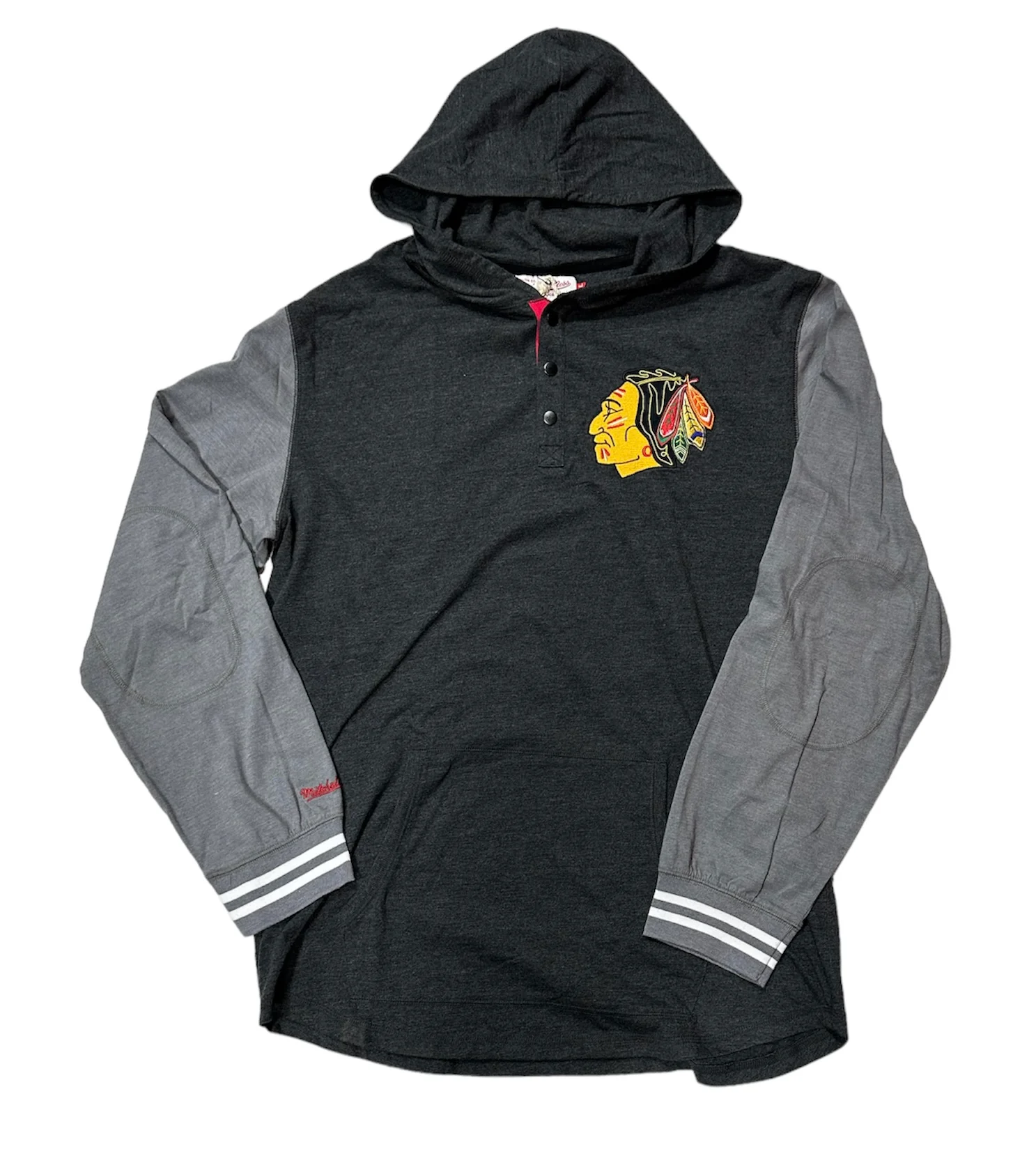 Men Chicago Blackhawks Mitchell & Ness Gray Tailored Fit Hooded Long Sleeve T-Shirt