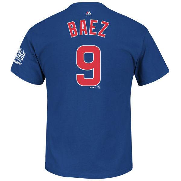 Youth Chicago Cubs Javier Baez Majestic Royal 2016 World Series Champions Name & Number T-Shirt