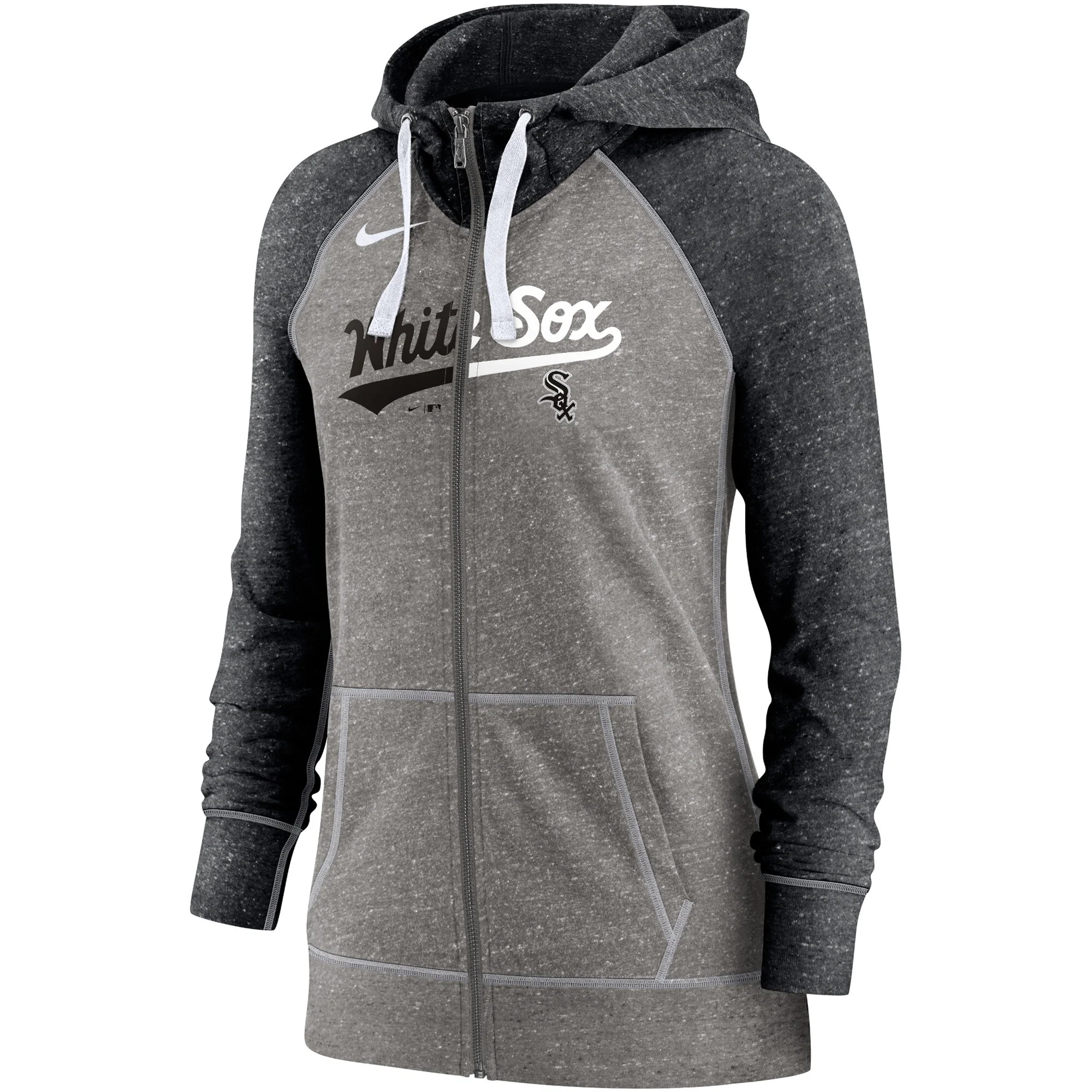 Women's Chicago White Sox Nike Heathered Charcoal/Heathered Black Split Wordmark Gym Vintage Raglan Slub Full-Zip Hoodie