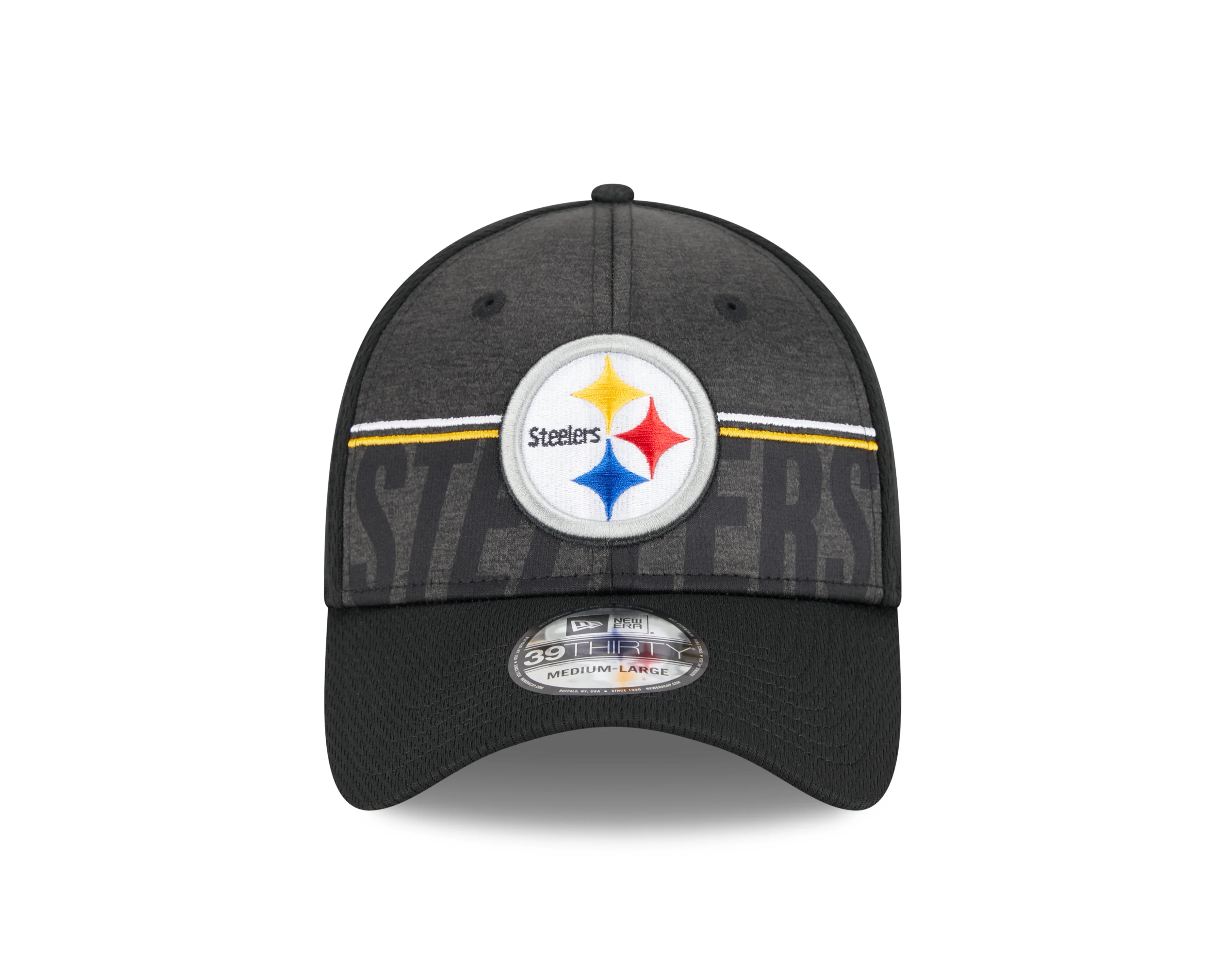 Men's Pittsburgh Steelers New Era NFL 2023 Training Camp Black Primary Logo 39THIRTY Flex Fit Hat