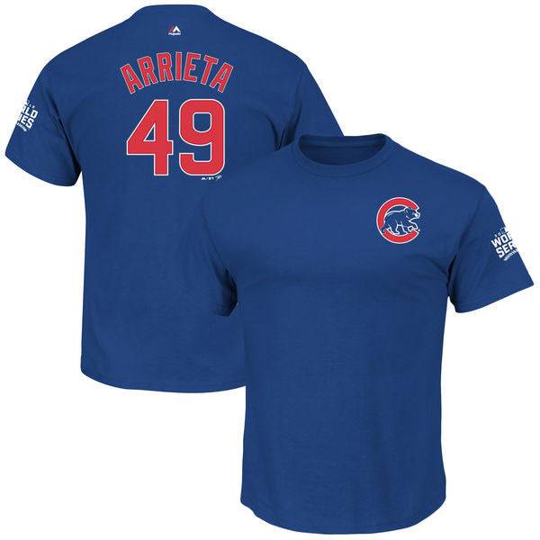 Men's Chicago Cubs Jake Arrieta Majestic Royal 2016 World Series Bound Name & Number T-Shirt