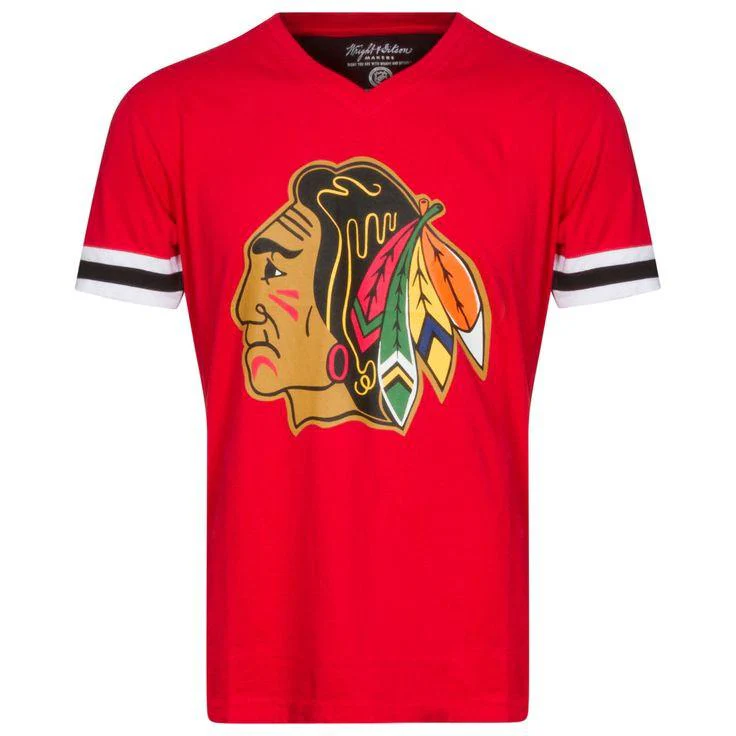 Mens Chicago Blackhawks 1970's Logo Hat Trick V Neck Tee