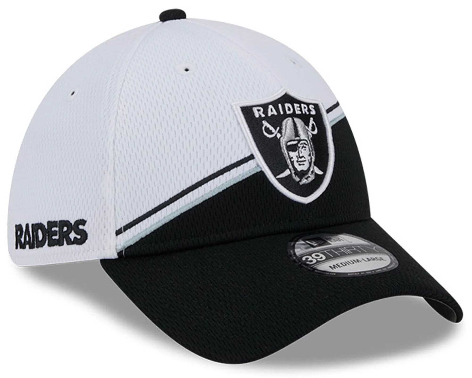 Men's Las Vegas Raiders Primary Logo New Era White/Black 2023 Sideline 39THIRTY Flex Hat