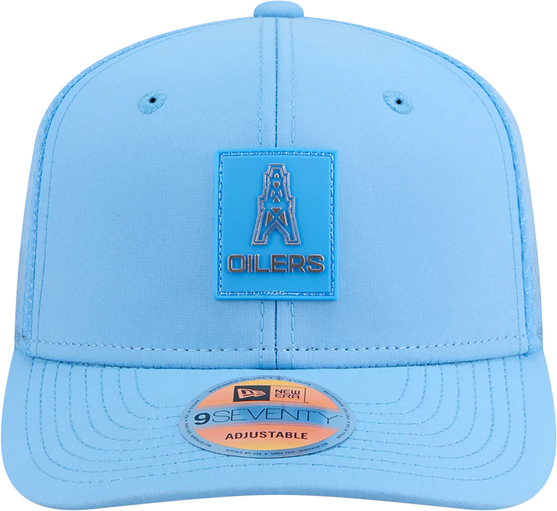 Men's Houston Oilers New Era Blue 2025 Sideline 9SEVENTY Trucker Adjustable Hat