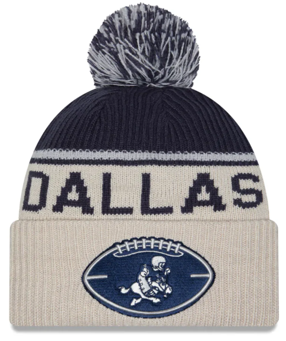 Dallas Cowboys New Era 2024 NFL Sideline Historic Stone/ Navy Cuffed Pom Knit Hat