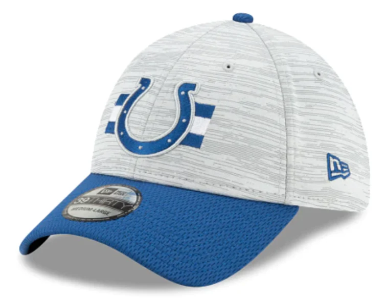 Indianapolis Colts 2021 Training Camp On Field Gray/Royal New Era 39THIRTY Flex Fit Hat