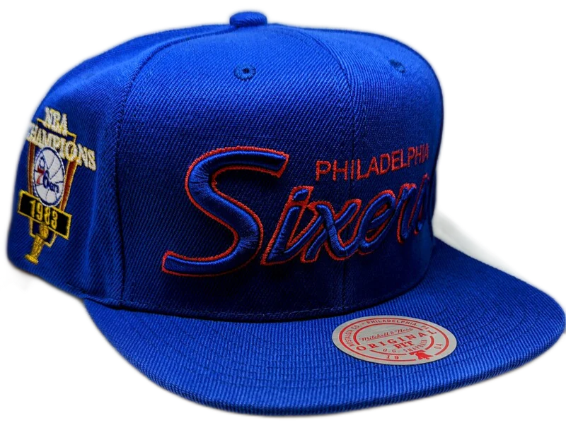 Men's Philadelphia 76ers Mitchell & Ness Royal Script Hardwood Classics Champ Year Trophy Snapback Hat